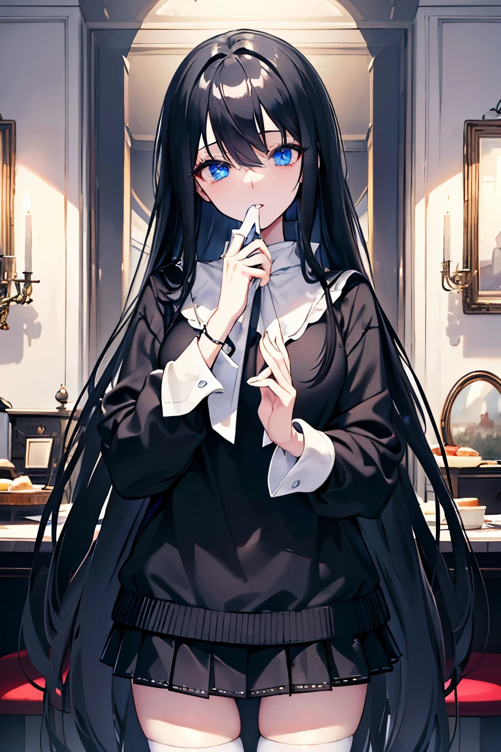 black hair blue eyes long hair one person eating cakes sweater mini skirt tights aristocratic mansion plush furnishings masterpiece Highest image quality noise removal clear parts cinematic shadow Increased attractiveness of the eyes clear parts the shine of the eyes Draw eyelashes neatly perfect eyes detailed eyes Sharpen image quality Sharpen eye writing clear parts eye shape