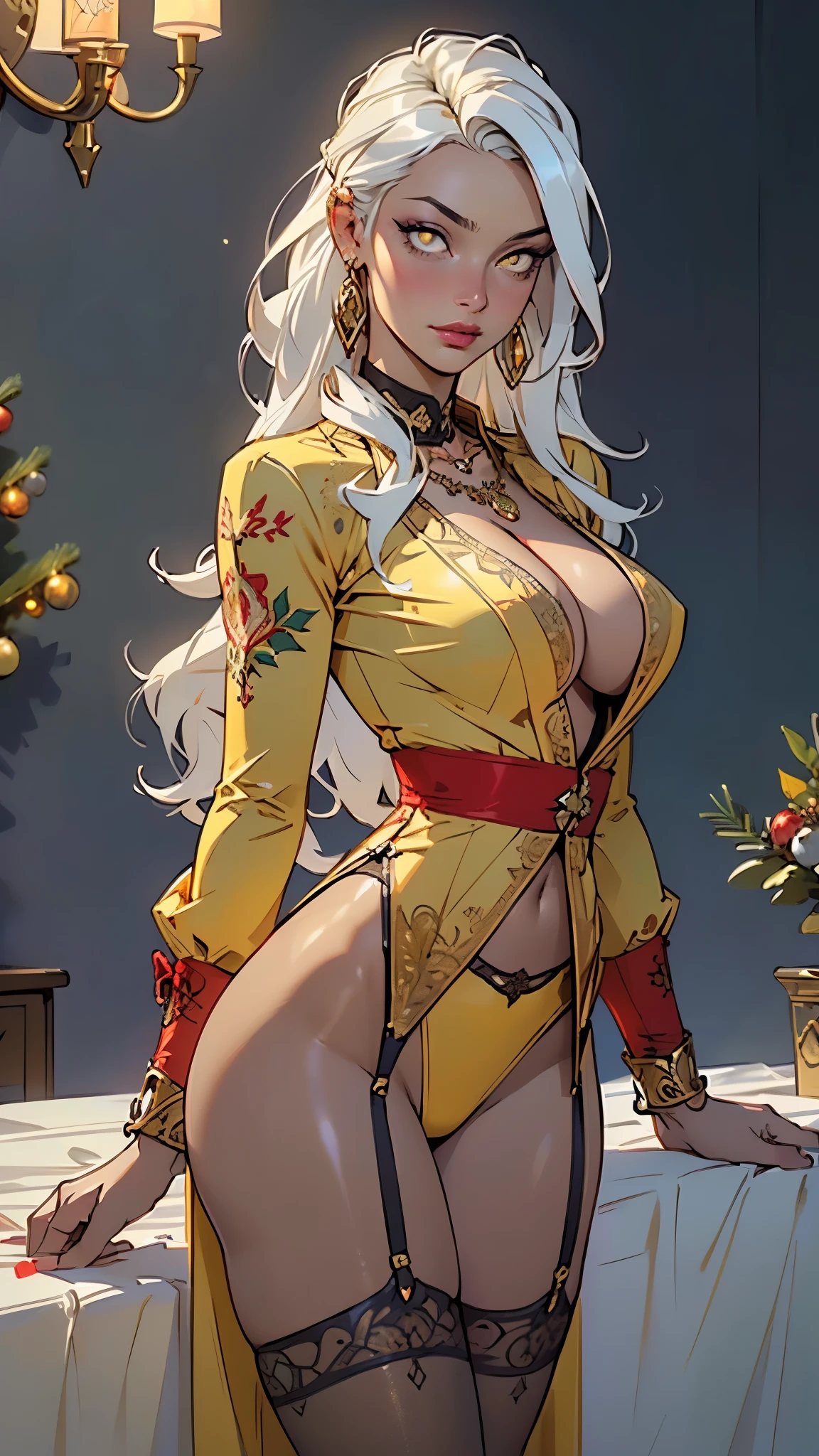 woman,1female,((milf,mom,mature,mature woman,45 years old female,adult)),(large breasts:1.5),saggy breasts,(((white hair:1.4,straight hair,long hair:1.4,colored inner hair))),((yellow_eyes:1.3)),intricate eyes,beautiful detailed eyes,symmetrical eyes,((((dark skin:1.4,lustrous skin:1.5,bright skin: 1.5,skin tanned,shiny skin,very shiny skin,shiny body,illuminated skin)))),(spider lower abdomen,narrow waist,wide hip,bimbo body,inflated legs,thick thighs,delicate detailed fingers),(((detailed face))),

cute,slutty,sensual,seductive look,seductive,((erotic)),opulent,sumptuous,longingly,((nsfw)),

queen,goddess,fantasy,((red lingerie,dressed in fishnet stockings paired with heart-shaped garter belts)),(((ice jewelry,intricate necklace,christmas jewelry,detailed outfit))),cleavage,((eyeshadow,elegant makeup,eyelid makeup,gold lips,gold lipstick)),(((Sexy lingerie))),(((intricate outfit,intricate clothes,embroidered outfit,ornate outfit,embroidered clothes,ornate clothes))),

(dynamic pose:1.0),embarrassed,(centered,scale to fit dimensions,Rule of thirds),

inside,indoor,((victorian bedroom)),scenery:1.25,((intricate scenery)),((winter decorations)),Christmas tree,

(Glossy winter ornaments),highres,sharp focus,(ultra detailed,extremely detailed),(photorealistic artwork:1.37),(extremely detailed CG unity 8k wallpaper),(((vibrant colors,vibrant theme))),(intricate),(masterpiece),(best quality),
