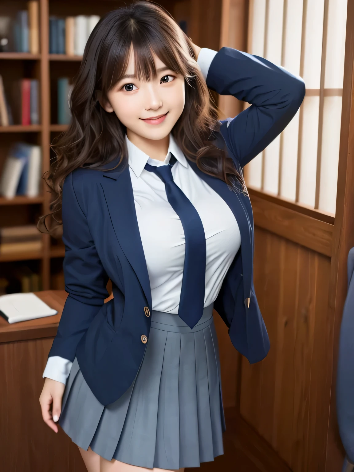 8K, highest quality, real image, intricate details, Super detailed, ultra high resolution, depth field,(realistic,realistic:1.2), (black eye), From the middle, 1 Girl Japan, very beautiful 17 year old girl, Big eyes, beautiful breasts:1.5、highly detailed eyes:1.2), (beautiful breasts:1.1), (small breasts:1.2), wavy hair、curly hair、bangs, perfect skin, Fair skin, huge hips, thick thighs, thick legs, cleavage, tight waist, light blush, alone, looking at the viewer, (smile:1.4), (School_uniform), (dark blue blazer), (white shirt、Wearing a tie), (gray pleated skirt), (sculpture installation :1.1)