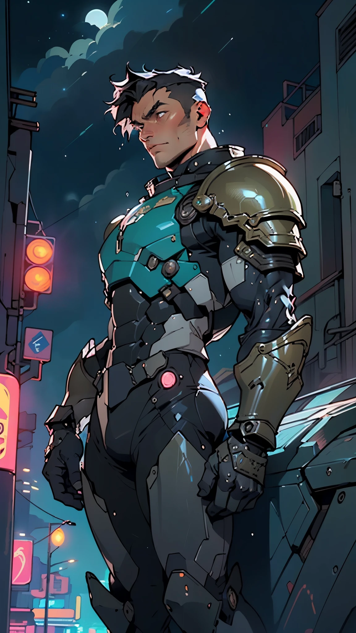 (man:1.5),muscular man in mecha armor,(((1man))),((man muscular in mecha armor)),

((exaggerated muscles,exaggerated shoulders,very muscular and huge)),man chest,((((muscular,muscular man,tall,big biceps,abs,big thighs,broad shoulders)))),

mandalorian helmet,underwater armor,mecha armor,full of weapons,((LED lights, RGB lights,black and neon blue armor)),((wet armor,intricate armor,detailed armor)),

(dynamic pose:1.0),solo focus,(centered,scale to fit dimensions,Rule of thirds),

cyberpunk city by the ocean at night, with bright neon signs and dark stormy clouds and puddles, scenery:1.25,nighttime, starry night, cosmos,Very dark night that makes the neon lights stand out, very bright neon lights,nighttime, starry night, cosmos,

highres, sharp focus, (ultra detailed, extremely detailed), (photorealistic artwork:1.37),(extremely detailed CG unity 8k wallpaper),((synthwave background theme)),(((vibrant colors))),(intricate background),(masterpiece),(best quality),
