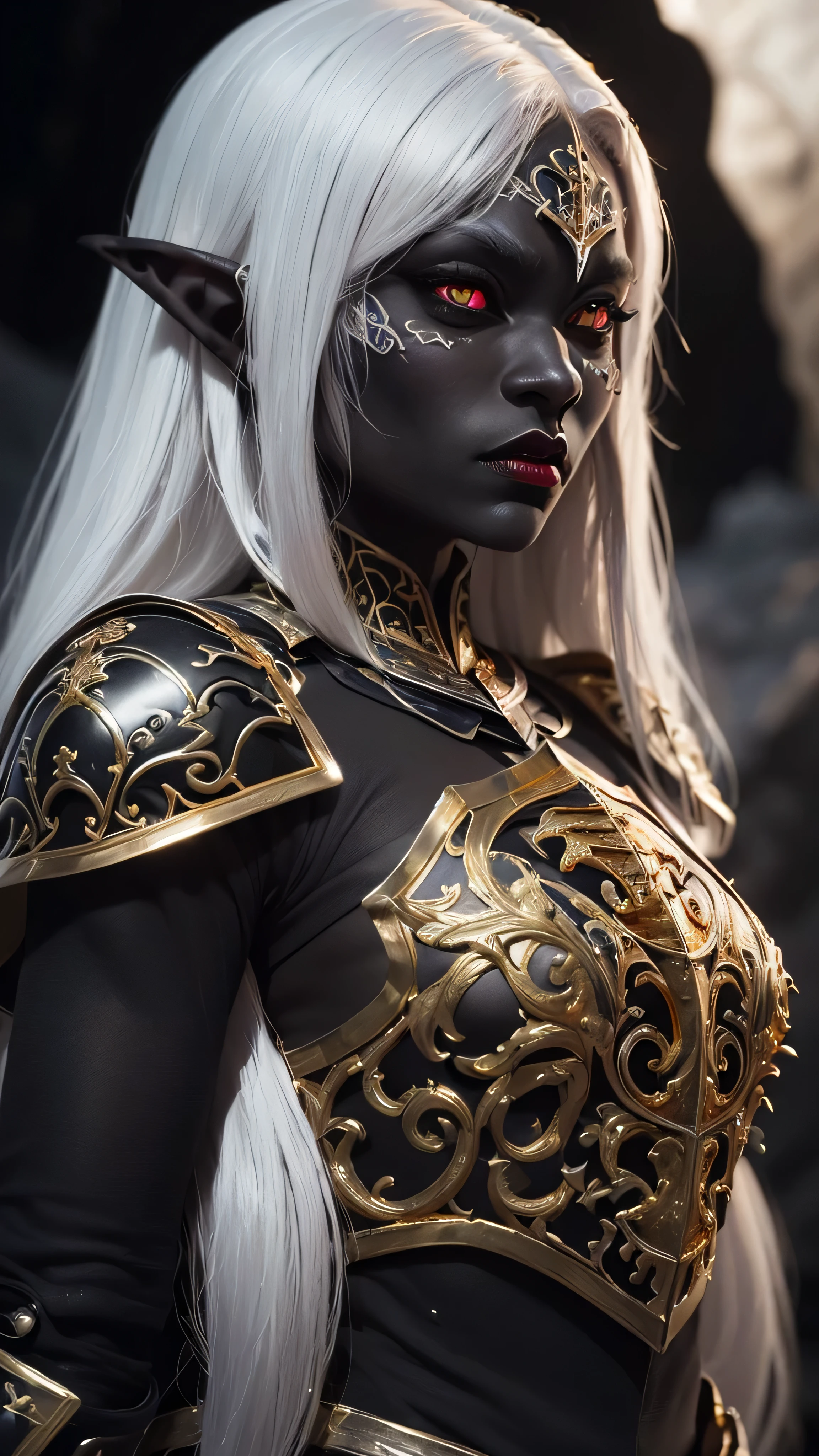 ((best quality: 1.5)) ((masterpiece: 0.8)), intricate details, sharp focus, professional, real life, realistic representation of the face, dim volumetric lighting, dynamic pose, in the style of realistic and hyper detailed renderings BREAK ((((detailed 30year ((graphite skin drow elf mistress, blackout gothic eye makeup, cavern, lacquered black carapace armor, gold filigree breastplate, red lips, weak chin, exotic, muscular, golden hour, (glowing white eyes))))), long white hair), freckles: 1.3), photorealistic, hyper-realistic, 8K