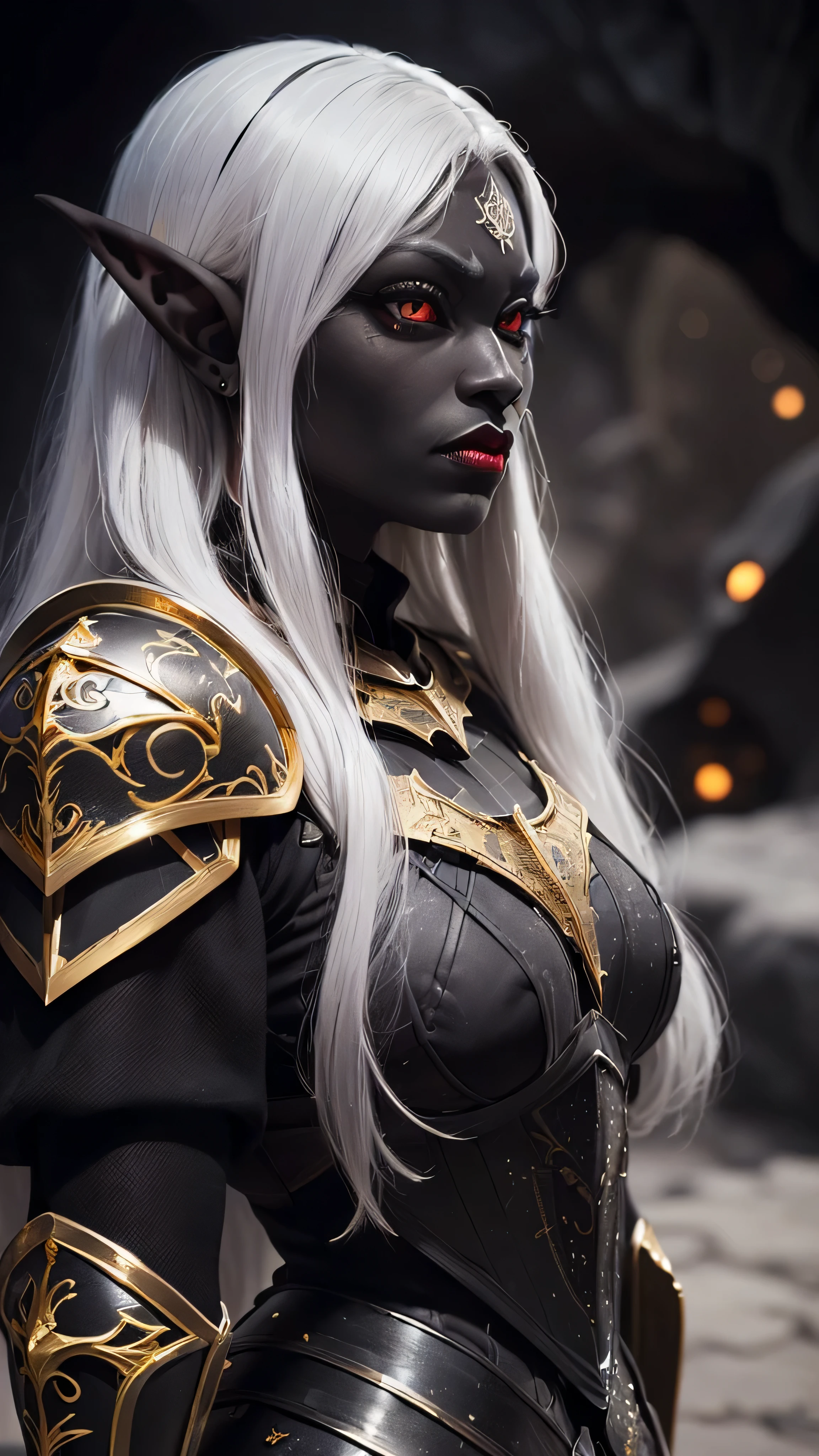 ((best quality: 1.5)) ((masterpiece: 0.8)), intricate details, sharp focus, professional, real life, realistic representation of the face, dim volumetric lighting, dynamic pose, in the style of realistic and hyper detailed renderings BREAK ((((detailed 30year ((graphite skin drow elf mistress, blackout gothic eye makeup, cavern, lacquered black carapace armor, gold filigree breastplate, red lips, weak chin, exotic, muscular, golden hour, (glowing white eyes))))), long white hair), freckles: 1.3), photorealistic, hyper-realistic, 8K