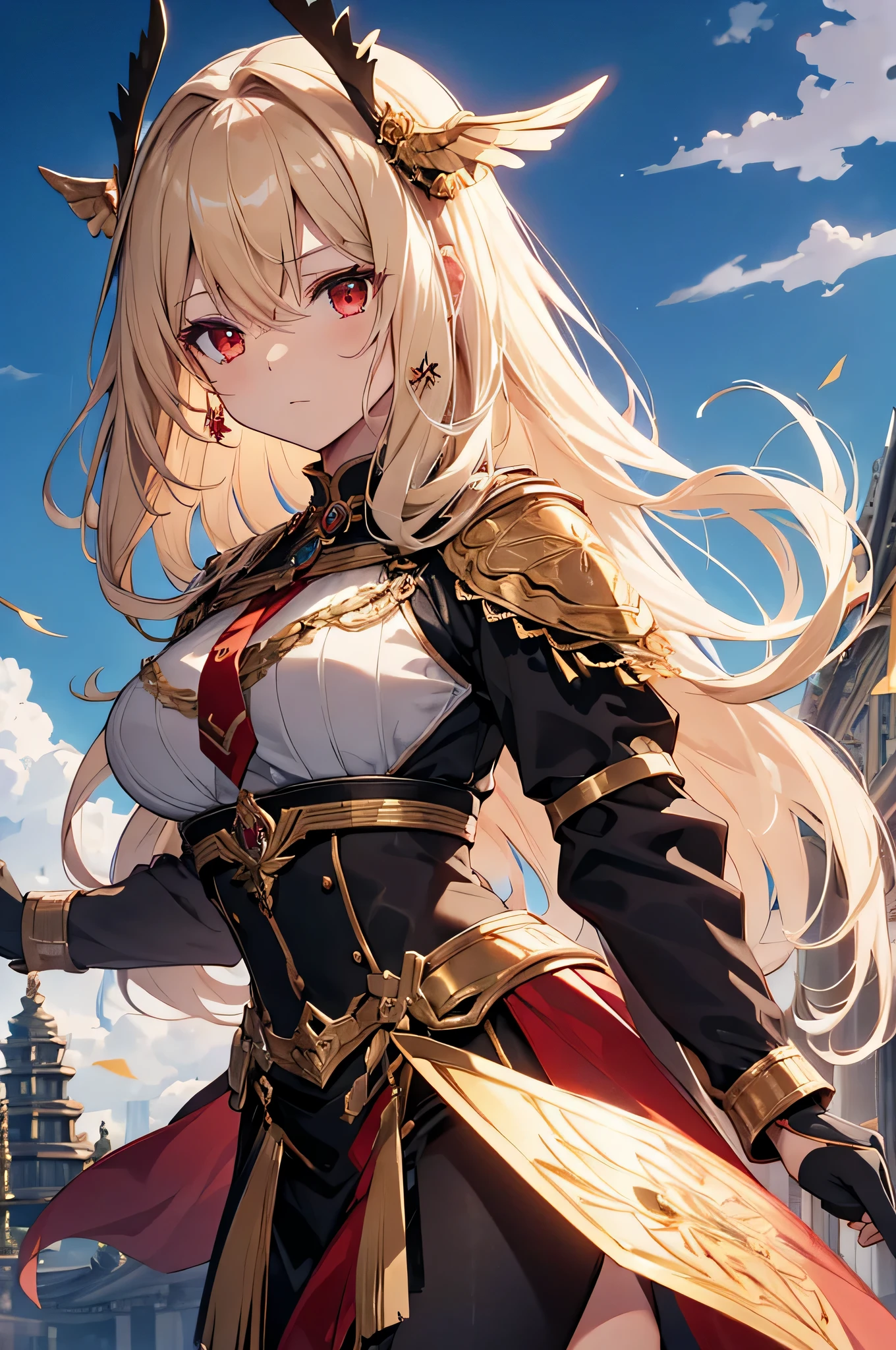4K,High resolution,one woman,cream hair,short long hair,dark red eyes,Valkyrie,black holy armor,Jewelry Decoration,gold decoration,winged hat,Temple in the Sky,daytime sky