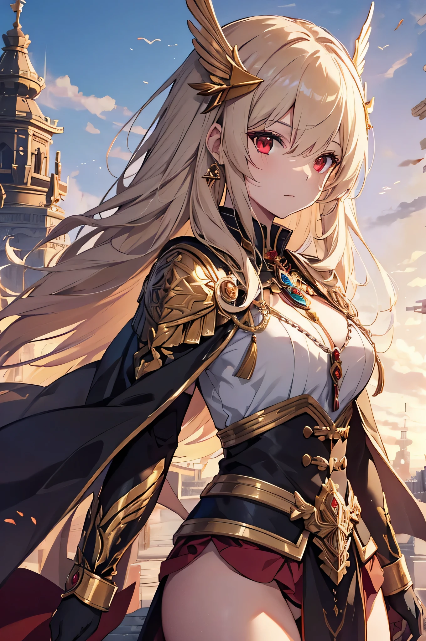 4K,High resolution,one woman,cream hair,short long hair,dark red eyes,Valkyrie,black holy armor,Jewelry Decoration,gold decoration,winged hat,Temple in the Sky,daytime sky