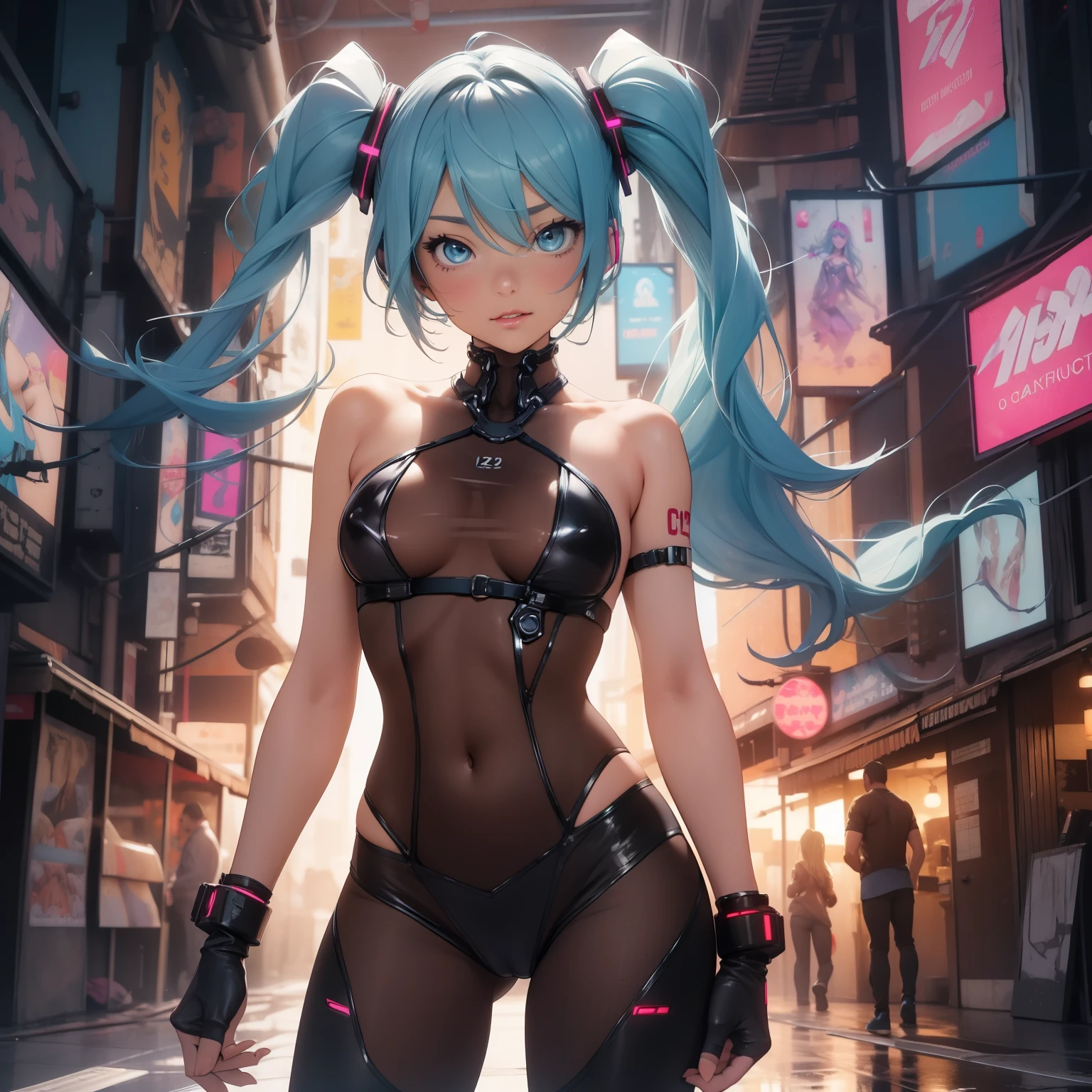 (quality)), ((masterpiece)), Recommended resultsluffly、(see through:1.5)、whole body 、Swollen nipples，straighten your back、huge bust、angle to floor:1.2、low camera angle、Hair loss on crotch、Whole body facing the camera，Hair can be seen on the crotch，Hatsune Miku，Cyberpunk cyborg，Same size as an eye