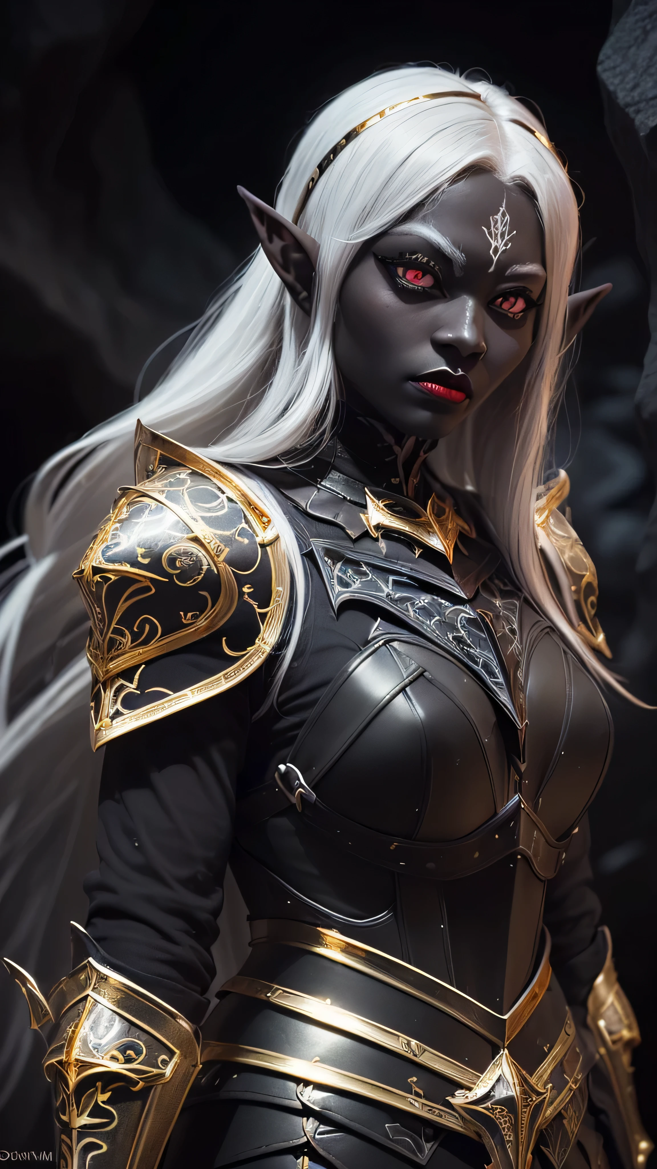 ((best quality: 1.5)) ((masterpiece: 0.8)), intricate details, sharp focus, professional, real life, realistic representation of the face, dim volumetric lighting, dynamic pose, in the style of realistic and hyper detailed renderings BREAK ((((detailed 30year ((graphite skin drow elf mistress, blackout gothic eye makeup, cavern, lacquered black carapace armor, gold filigree breastplate, red lips, weak chin, exotic, muscular, golden hour, (glowing white eyes))))), long white hair), freckles: 1.3), photorealistic, hyper-realistic, 8K