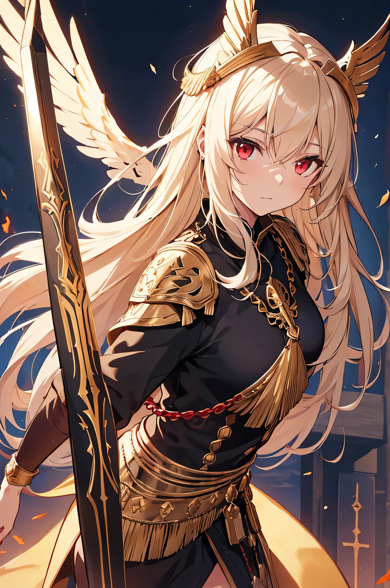 Sad dark night wilderness background, cape, hood, blonde horse girl, functional wind, golden eyes, old armor, married, benevolent woman, one-eyed, holding sword and shield, ark of tomorrow, saints, masterpiece, best quality, high resolution, best quality, high quality, detailed key anime art, best anime, 8k, best picture quality --auto --s2