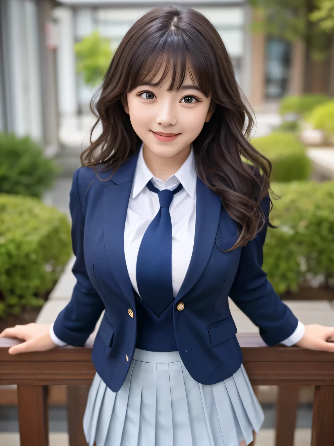 8K, highest quality, real image, intricate details, Super detailed, ultra high resolution, depth field,(realistic,realistic:1.2), (black eye), From the middle, 1 Girl Japan, very beautiful 17 year old girl, Big eyes, beautiful breasts:1.5、highly detailed eyes:1.2), (beautiful breasts:1.1), (small breasts:1.2), wavy hair、curly hair、bangs, perfect skin, Fair skin, huge hips, thick thighs, thick legs, cleavage, tight waist, light blush, alone, looking at the viewer, (smile:1.4), (School_uniform), (dark blue blazer), (white shirt、Wearing a tie), (gray pleated skirt), (sculpture installation :1.1)