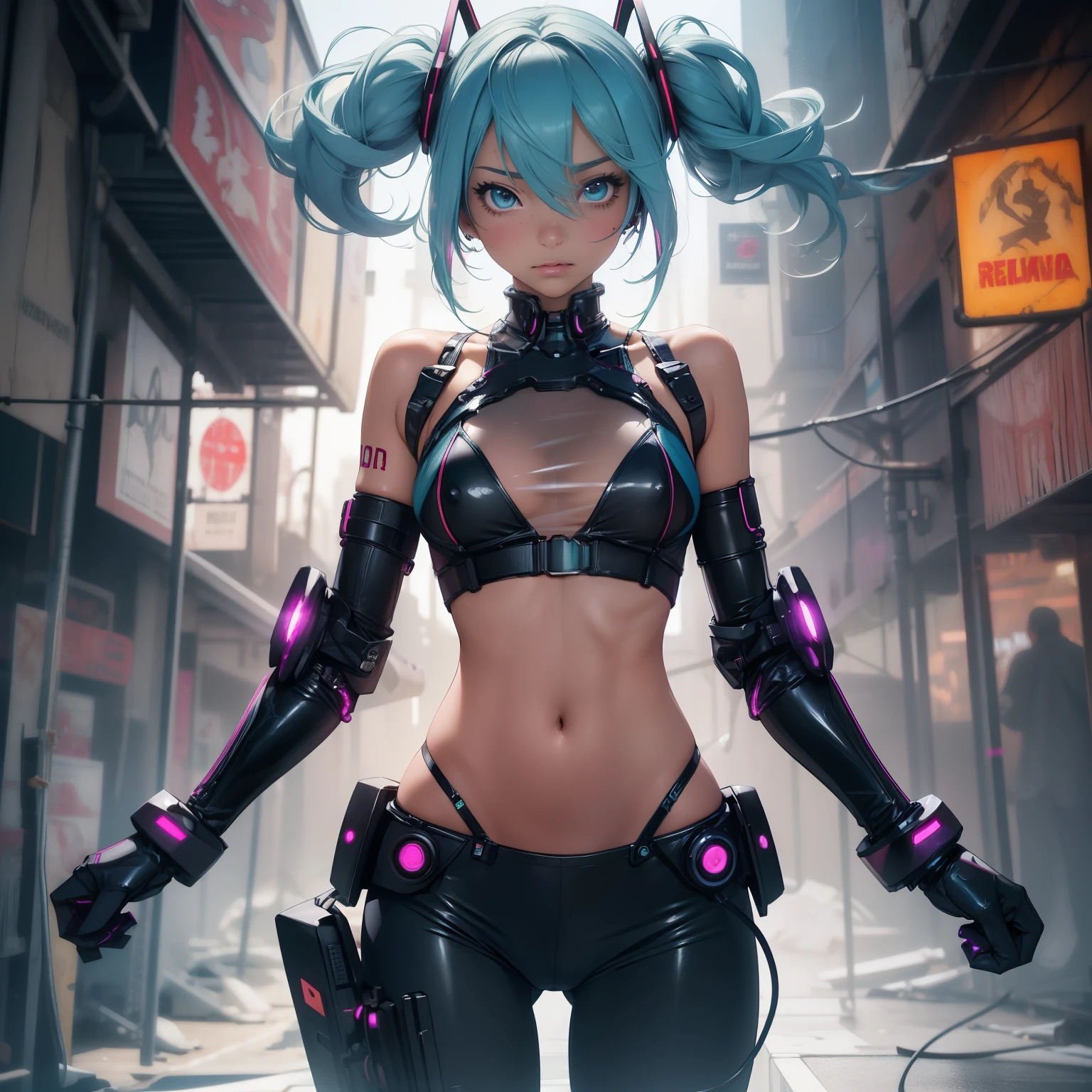 (quality)), ((masterpiece)), Recommended resultsluffly、(see through:1.5)、whole body 、Swollen nipples，straighten your back、huge bust、angle to floor:1.2、low camera angle、Hair loss on crotch、Whole body facing the camera，Hair can be seen on the crotch，Hatsune Miku，Cyberpunk cyborg，Same size as an eye