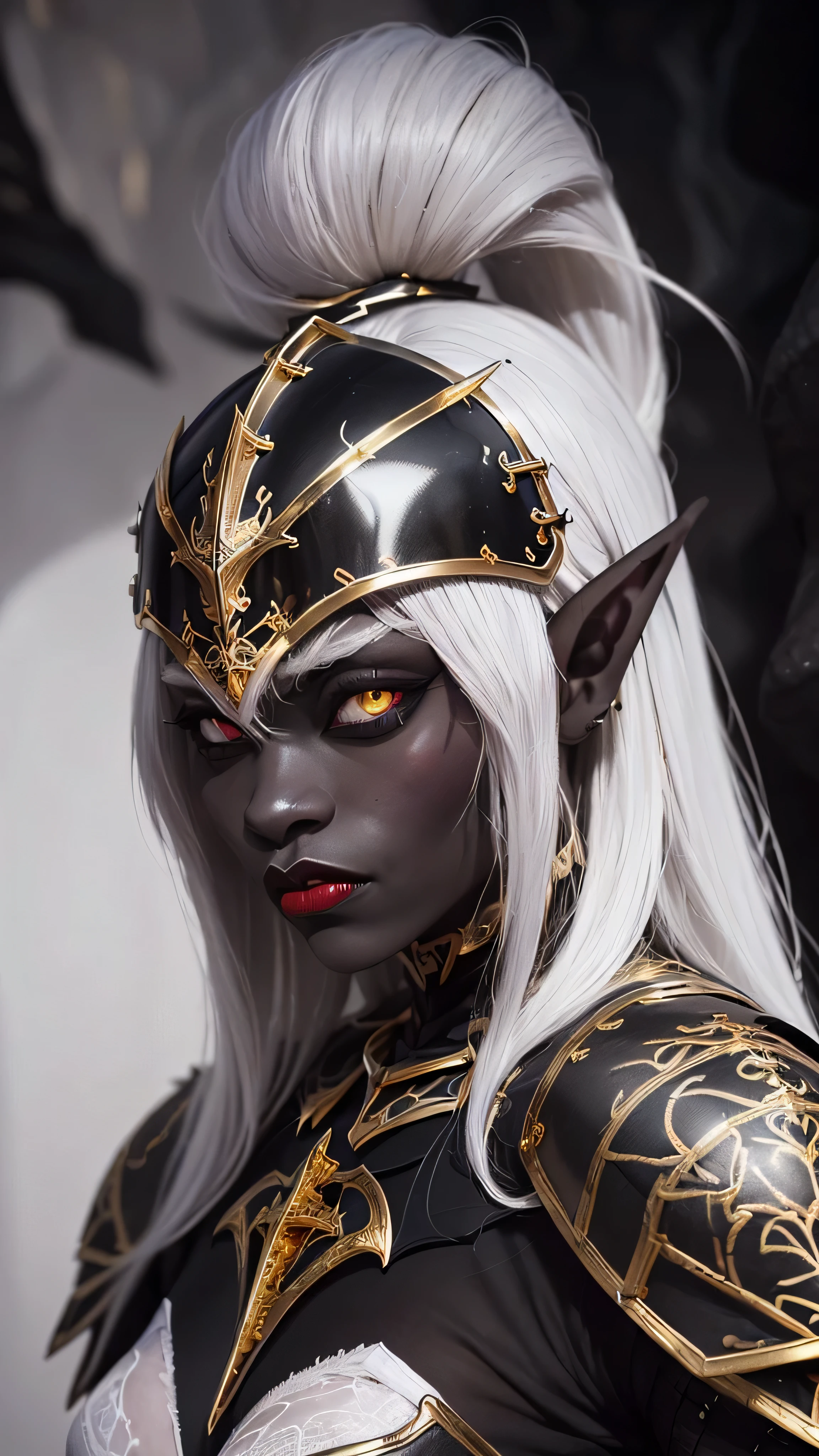 ((best quality: 1.5)) ((masterpiece: 0.8)), intricate details, sharp focus, professional, real life, realistic representation of the face, dim volumetric lighting, dynamic pose, in the style of realistic and hyper detailed renderings BREAK ((((detailed 30year ((graphite skin drow elf mistress, blackout gothic eye makeup, cavern, lacquered black carapace armor, gold filigree breastplate, red lips, weak chin, exotic, muscular, golden hour, (glowing white eyes))))), long white hair), freckles: 1.3), photorealistic, hyper-realistic, 8K