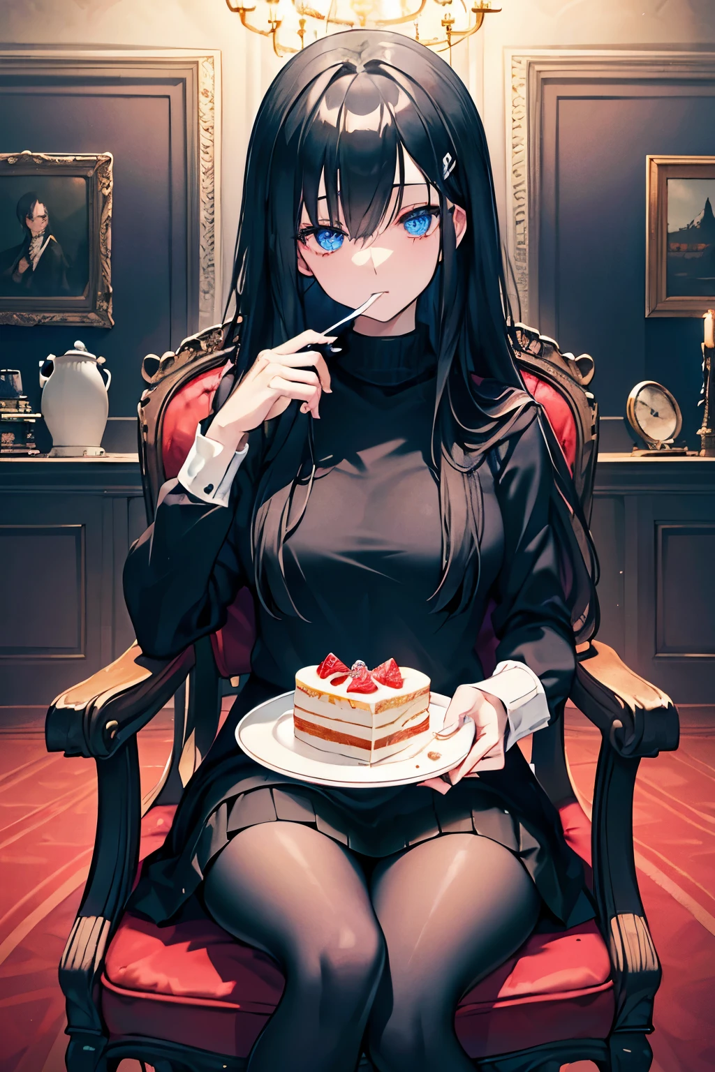 black hair blue eyes long hair one person eating cakes sweater mini skirt tights aristocratic mansion plush furnishings have a fork sit on a chair masterpiece Highest image quality noise removal clear parts cinematic shadow Increased attractiveness of the eyes clear parts the shine of the eyes Draw eyelashes neatly perfect eyes detailed eyes Sharpen image quality Sharpen eye writing clear parts eye shape