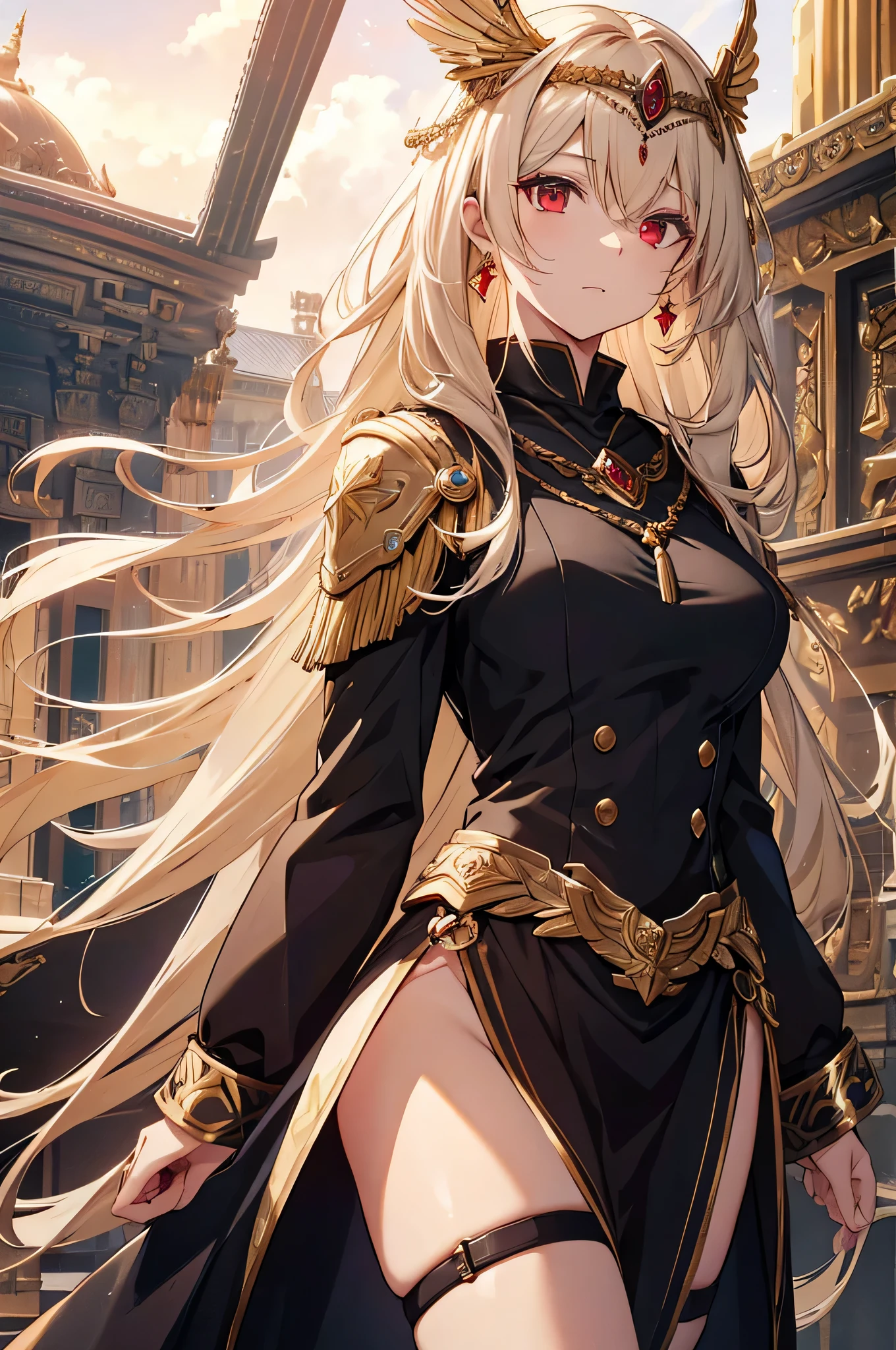 4K,High resolution,one woman,cream hair,short long hair,dark red eyes,Valkyrie,black holy armor,Jewelry Decoration,gold decoration,winged hat,Temple in the Sky,daytime sky