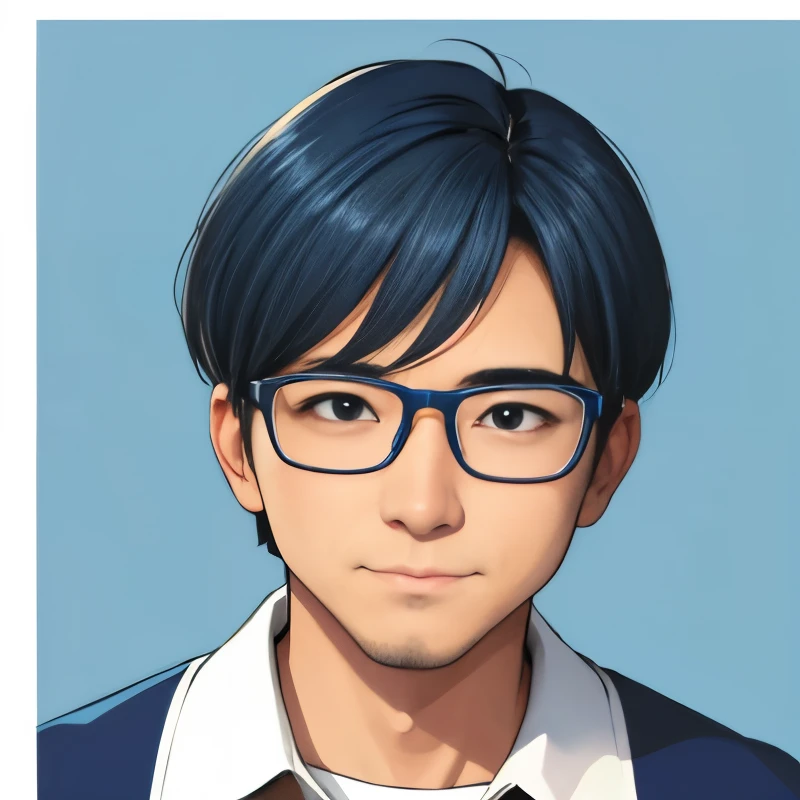 master piece、mascot character、comics、Two colors: blue and white、1 male、40 years old、Face facing diagonally、wore glasses、Hairstyle Two Blocks、soft smile、Inspiration