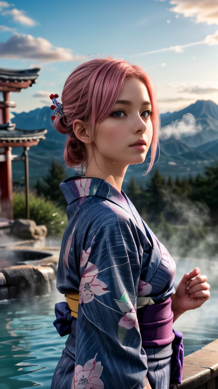 (best quality,4k,highres,masterpiece:1.2),ultra-detailed,realistic,photorealistic:1.3, close up, (low angle:1.2), (girl:1.4), (young girls, sakura haruno, beautiful detailed blue grey eyes,beautiful detailed lips, pink hair, beautiful face with soft skinice, slim body, athlete posture, (in yukata:1.4), exposed shoulders, good hand, perfect hand, g-cup breast), dynamic pose, (soaking in the natural hot spring:1.4), clear water with reflection, (snow:1.2), (wonderful background, clouds, skyscape), (half body:1.2), cool colors, volumetric lighting, dreamy vibe, daylight, photon mapping,  foggy atmosphere,