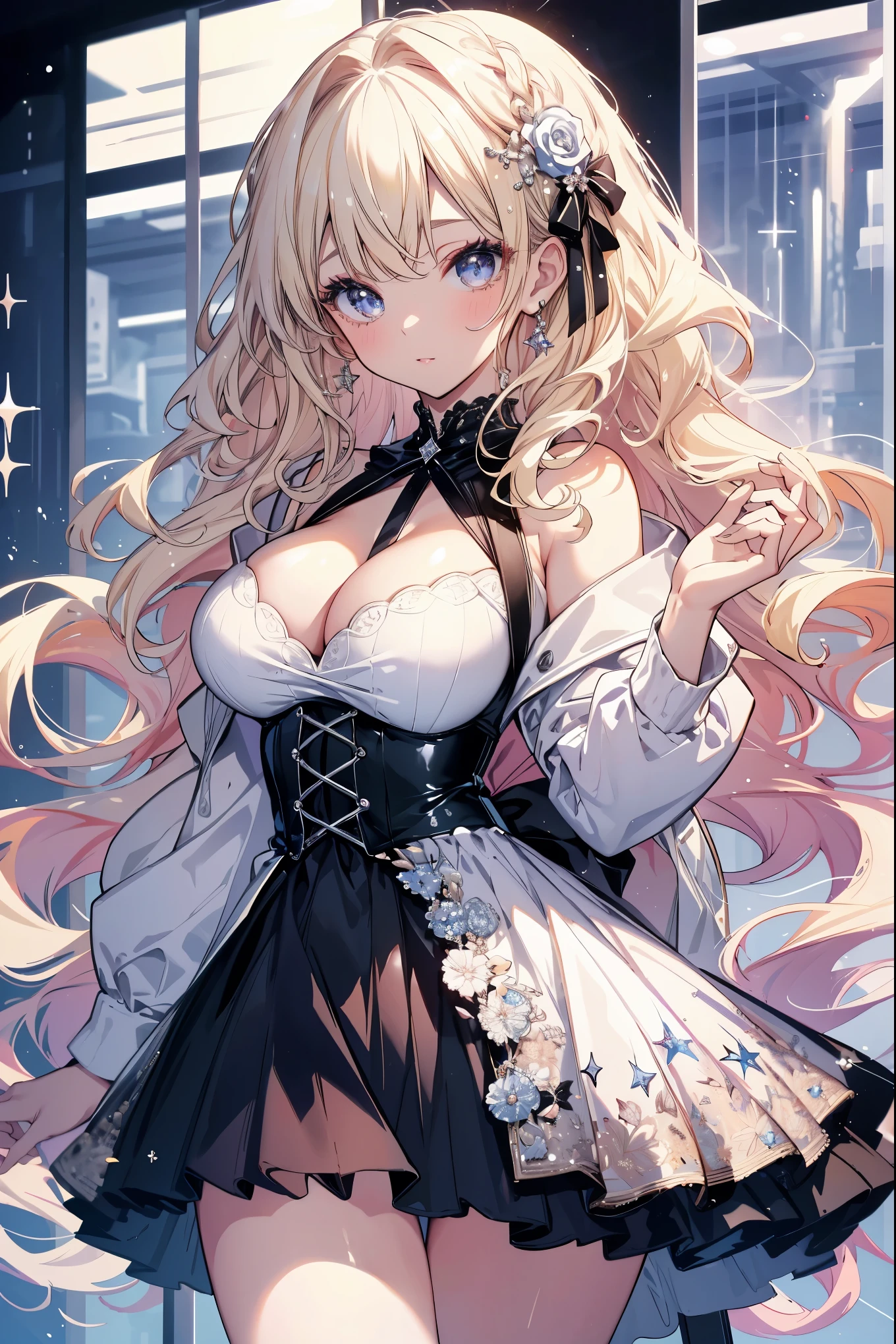 highest quality, masterpiece, long eyelashes, Sparkling輝く目, mini skirt, Sparkling, big breasts, show off your breasts, You can see the cleavage of your, platinum blonde, long straight hair,