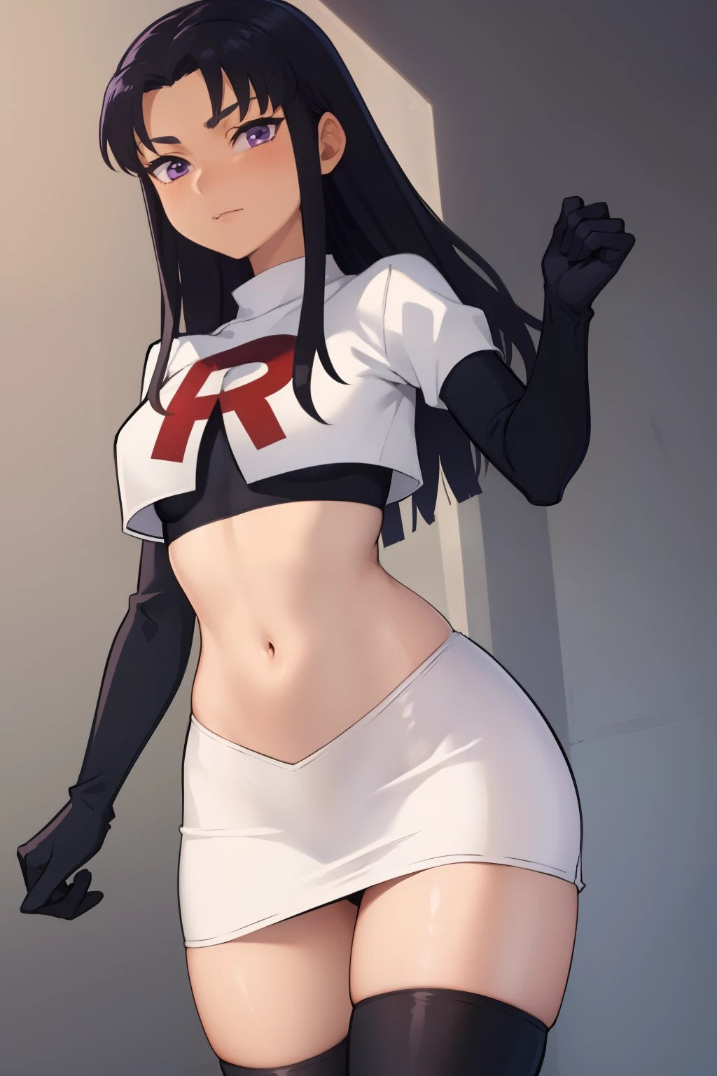 (masterpiece, best quality:1.2), blackfire, 1girl, solo, breasts, dark skin, team rocket,team rocket uniform,white skirt,red letter R,crop top,black thigh-highs,black elbow gloves