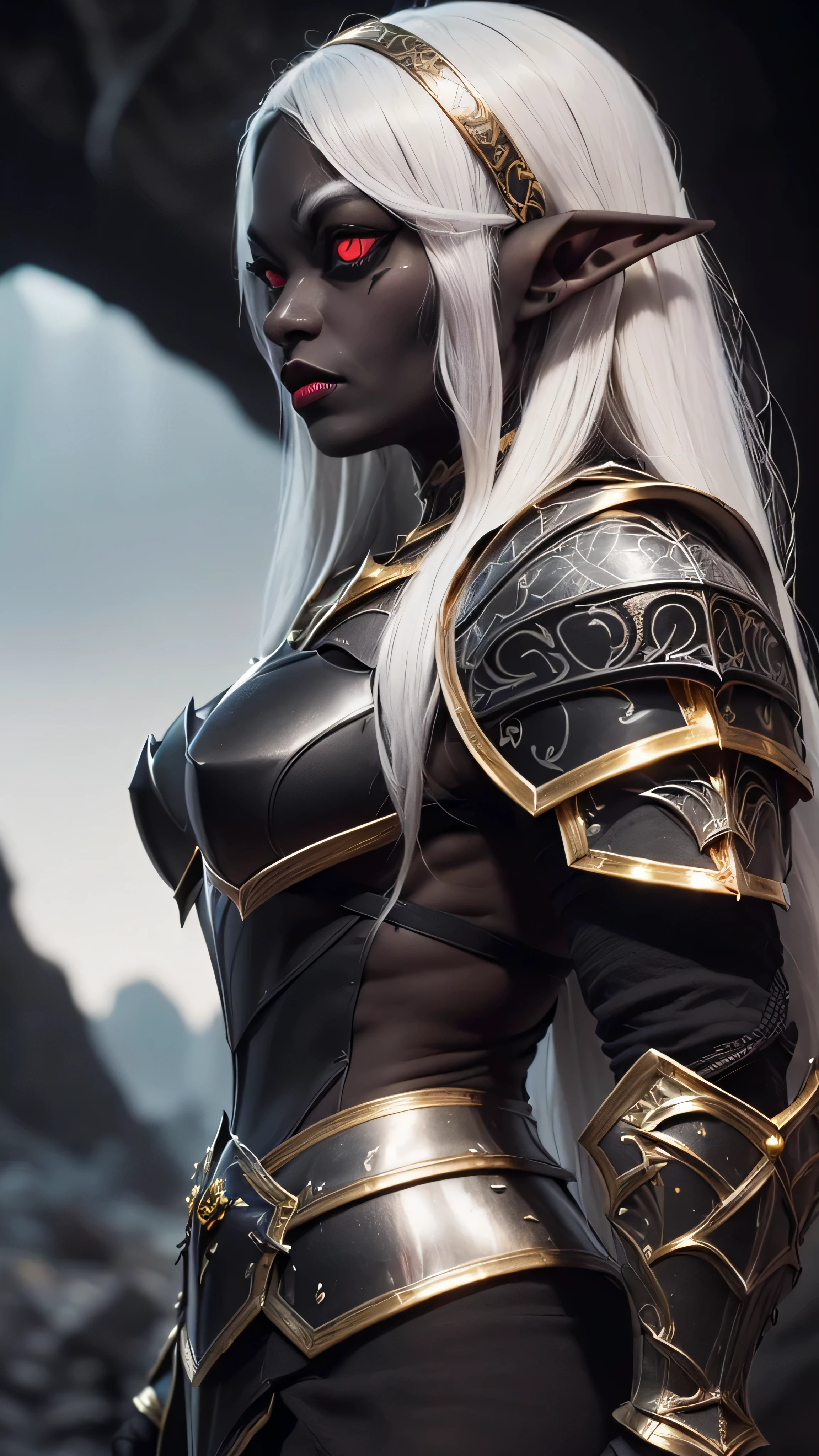 ((best quality: 1.5)) ((masterpiece: 0.8)), intricate details, sharp focus, professional, real life, realistic representation of the face, dim volumetric lighting, dynamic pose, in the style of realistic and hyper detailed renderings BREAK ((((detailed 30year ((graphite skin drow elf mistress, blackout gothic eye makeup, cavern, lacquered black carapace armor, gold filigree breastplate, red lips, weak chin, exotic, muscular, golden hour, (glowing white eyes))))), long white hair), freckles: 1.3), photorealistic, hyper-realistic, 8K
