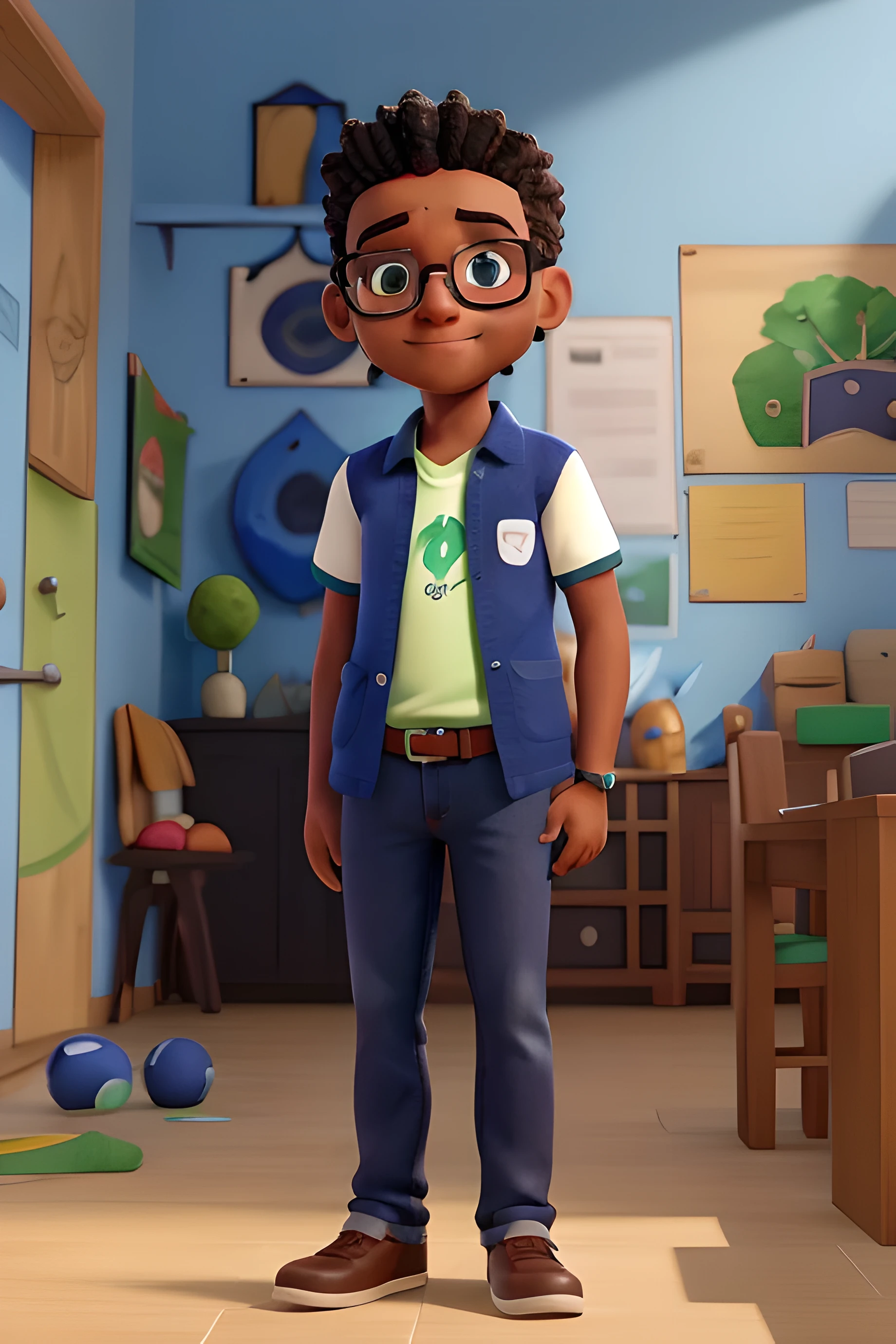 Professor Hélio Gopfert Jr . Desenhos animados em camisa polo azul royal com gola e mangas de cor verde bandeira, escrito na altura do peito ZeroHum em branco. navy blue jeans, crossed arms, olhando para frente e sorrindo com os dentes levemente aparecendo aparecendo; Olhos grandes preto, cabelos grisalhos, wearing glasses with mulatto hair in the background, uma sala de aula com alunos sentados em carteiras de cor azul, background clock and plaque on the wall with the words Colégio ZeroHum in blue and green on a white background. Cabelos brancos com mechas em preto, olhos de cor preta