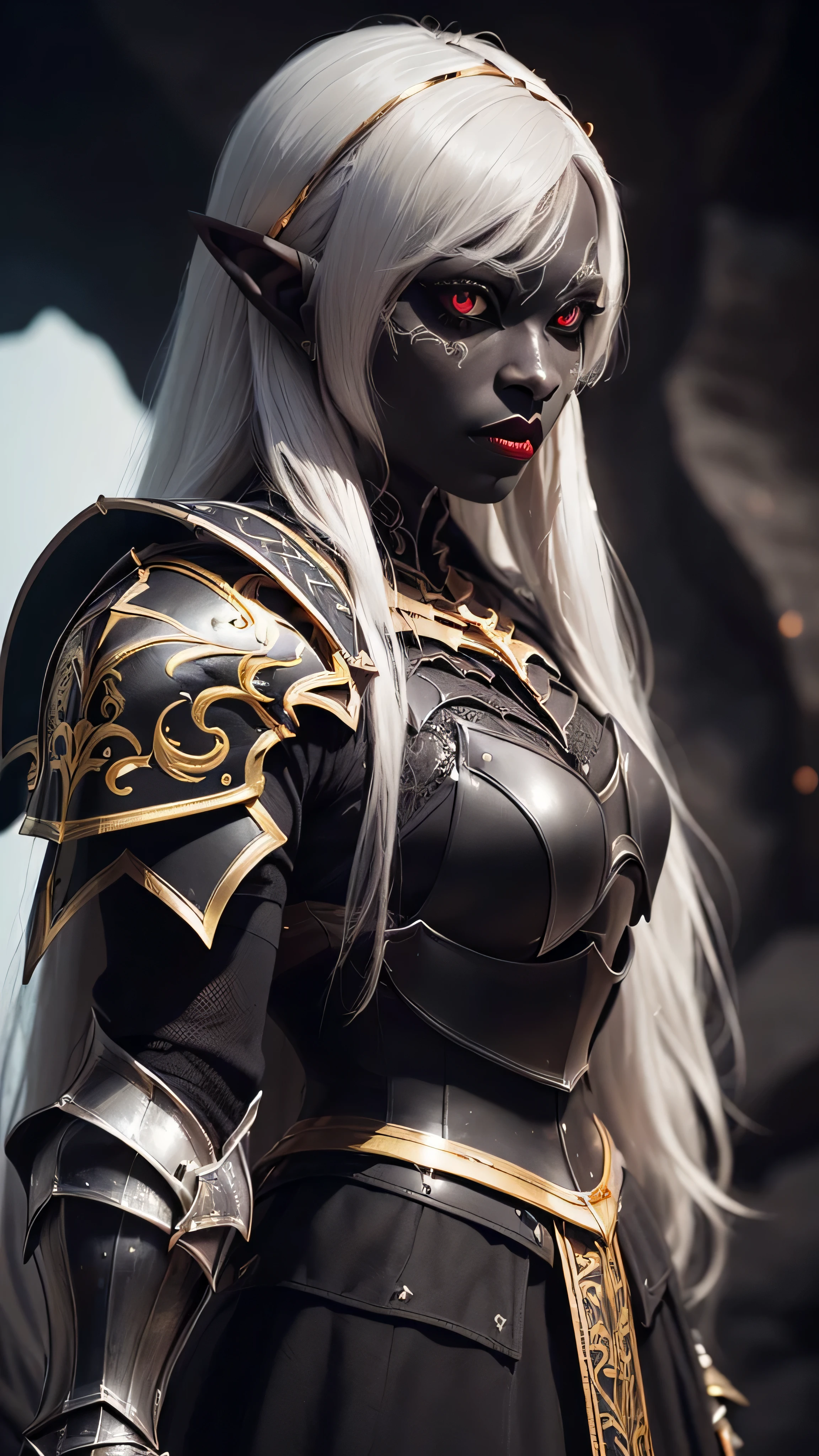 ((best quality: 1.5)) ((masterpiece: 0.8)), intricate details, sharp focus, professional, real life, realistic representation of the face, dim volumetric lighting, dynamic pose, in the style of realistic and hyper detailed renderings BREAK ((((detailed 30year ((graphite skin drow elf mistress, blackout gothic eye makeup, cavern, lacquered black carapace armor, gold filigree breastplate, red lips, weak chin, exotic, muscular, golden hour, (glowing white eyes))))), long white hair), freckles: 1.3), photorealistic, hyper-realistic, 8K