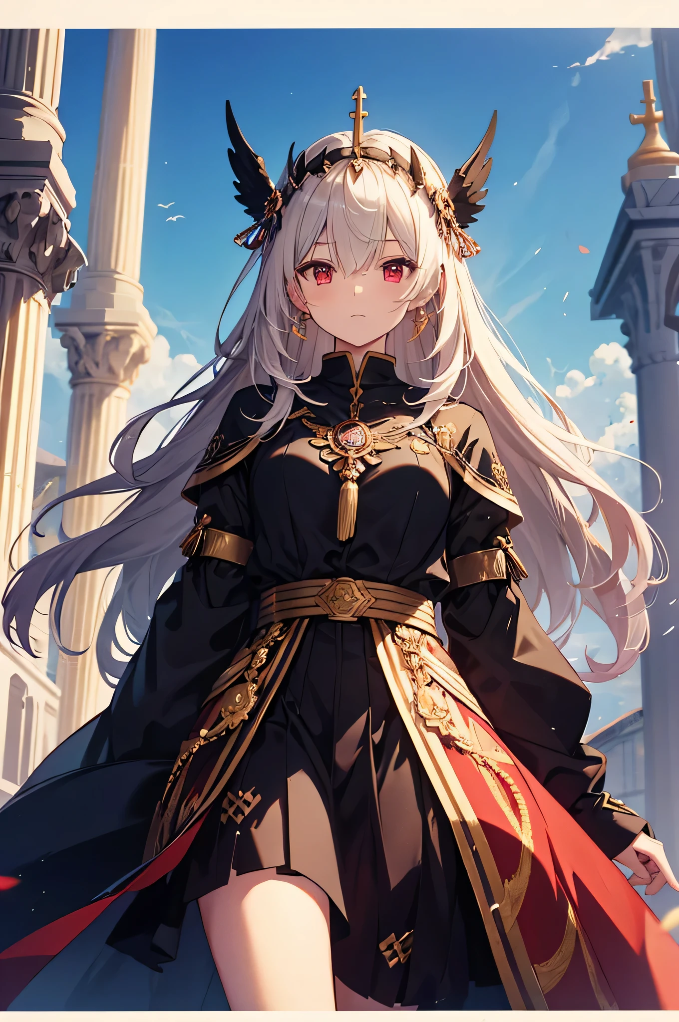 4K,High resolution,one woman,cream hair,short long hair,dark red eyes,Valkyrie,black holy armor,Jewelry Decoration,gold decoration,winged hat,Holy sword,Temple in the Sky,daytime sky