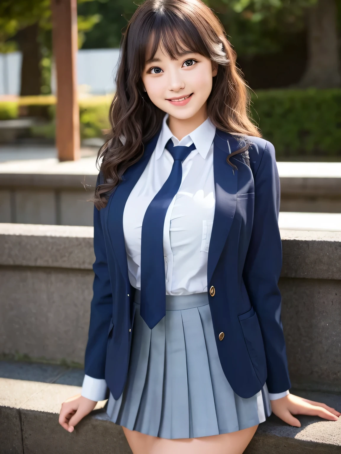 8K, highest quality, real image, intricate details, Super detailed, ultra high resolution, depth field,(realistic,realistic:1.2), (black eye), From the middle, 1 Girl Japan, very beautiful 17 year old girl, Big eyes, beautiful breasts:1.5、highly detailed eyes:1.2), (beautiful breasts:1.1), (small breasts:1.2), wavy hair、curly hair、bangs, perfect skin, Fair skin, huge hips, thick thighs, thick legs, cleavage, tight waist, light blush, alone, looking at the viewer, (smile:1.4), (School_uniform), (dark blue blazer), (white shirt、Wearing a tie), (gray pleated skirt), (sculpture installation :1.1)
