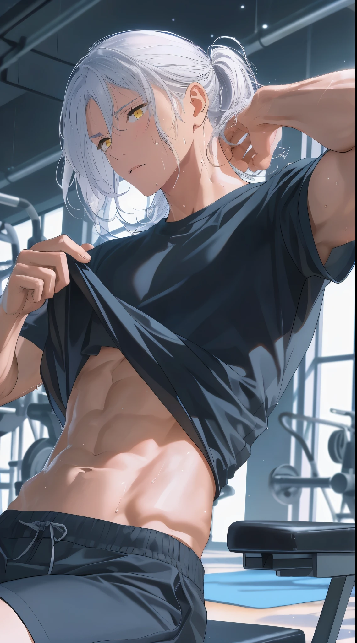 anime style, Beautiful young man, white hair, yellow eyes, fluffy hair, long hair, ponytail, black t-shirt, belly flutter, belly flash, sweat clothes on towel, active clothing, sitting on chair, resting, dance studio in background,high quality, amount of drawing, pixiv illustration,manga