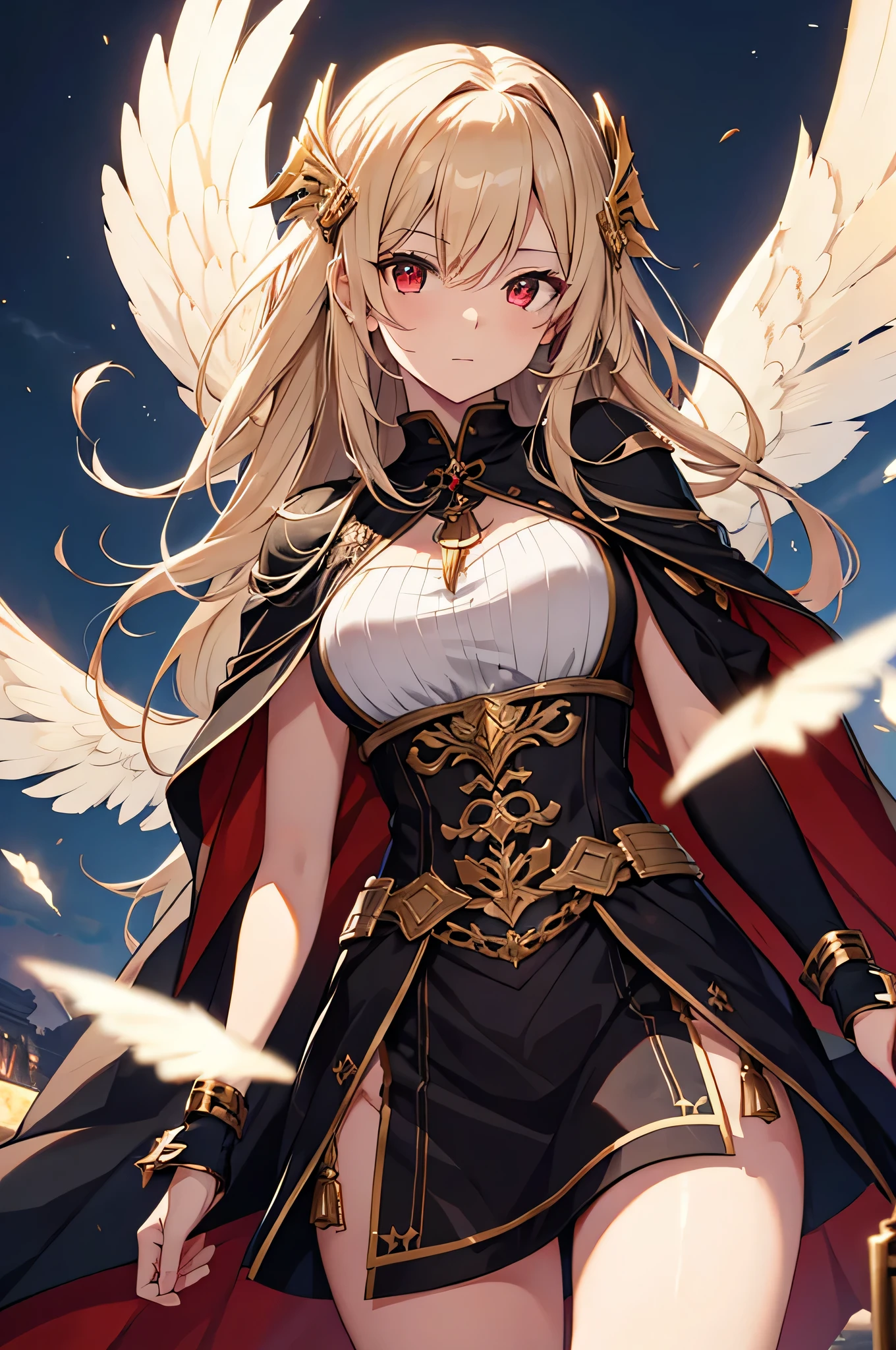 4K,High resolution,one woman,cream hair,short long hair,dark red eyes,Valkyrie,black holy armor,black cloak,Jewelry Decoration,gold decoration,winged hat,Temple in the Sky,daytime sky