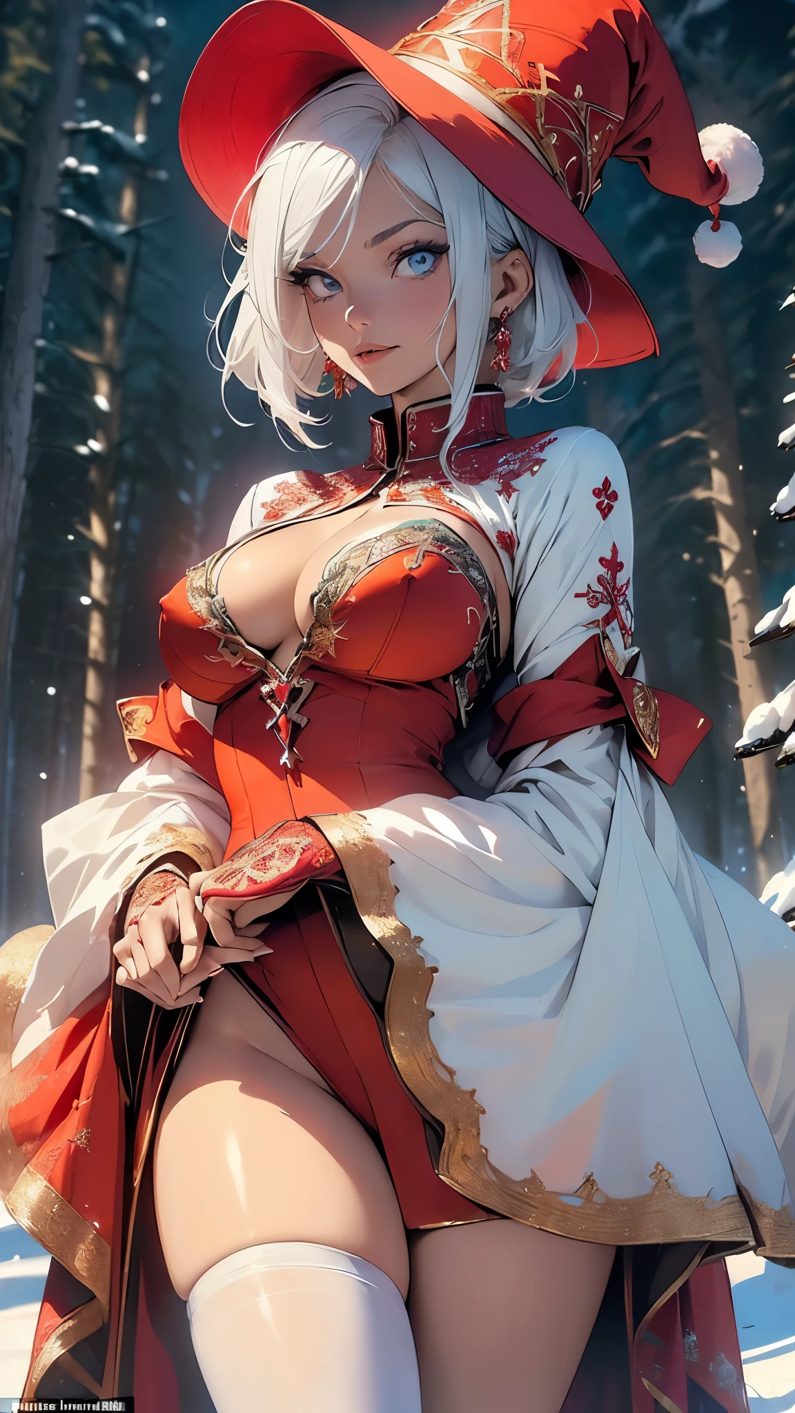 woman,1female,((milf,mom,mature,mature woman,45 years old female,adult)),

(large breasts:1.5),saggy breasts,(((white hair:1.4,messy white hair,short hair:1.4,colored inner hair))),((blue_eyes:1.3))),intricate eyes,beautiful detailed eyes,symmetrical eyes,((((lustrous skin:1.5,bright skin: 1.5,skin tanned,shiny skin,very shiny skin,shiny body,illuminated skin)))),(spider lower abdomen,narrow waist,wide hip,bimbo body,inflated legs,thick thighs,delicate detailed fingers),(((detailed face))),

cute,slutty,sensual,seductive look,seductive,((erotic)),opulent,sumptuous,longingly,((nsfw)),

(((red witch hat))), hat, dress, long sleeves, staff with bell, red dress with white bows, beautiful vampire queen,(((intricate outfit,intricate clothes,embroidered outfit,ornate outfit,embroidered clothes,ornate clothes))),

(dynamic pose:1.0),embarrassed,(centered,scale to fit dimensions,Rule of thirds),

((snowy pine forest)),winter,scenery:1.25,((intricate scenery)),((snow forest background)),

(Glossy winter ornaments),highres,sharp focus,(ultra detailed,extremely detailed),(photorealistic artwork:1.37),(extremely detailed CG unity 8k wallpaper),(((vibrant colors,vibrant theme))),(intricate),(masterpiece),(best quality),
