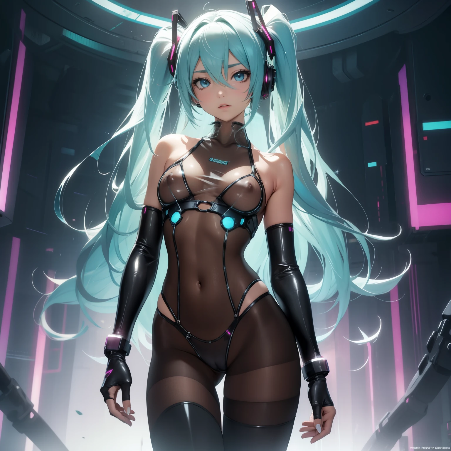 (quality)), ((masterpiece)), Recommended resultsluffly、(see through:1.5)、whole body 、Swollen nipples,straighten your back、huge bust、angle to floor:1.2、low camera angle、Hair loss on crotch、Whole body facing the camera,Hair can be seen on the crotch,Hatsune Miku,Cyberpunk cyborg,Same size as an eye,white body