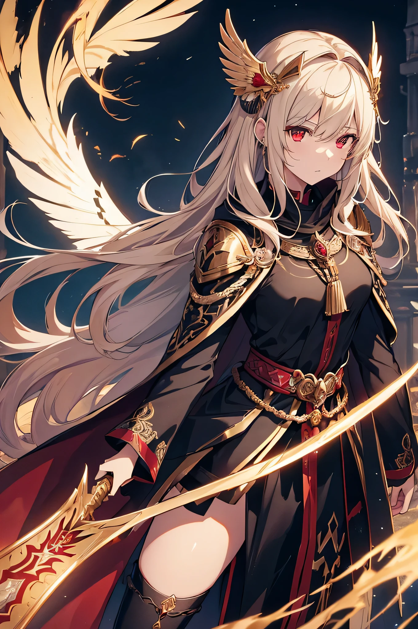 4K,High resolution,one woman,cream hair,short long hair,dark red eyes,Valkyrie,black holy armor,black cloak,Jewelry Decoration,gold decoration,winged hat,Holy sword,Temple in the Sky,daytime sky