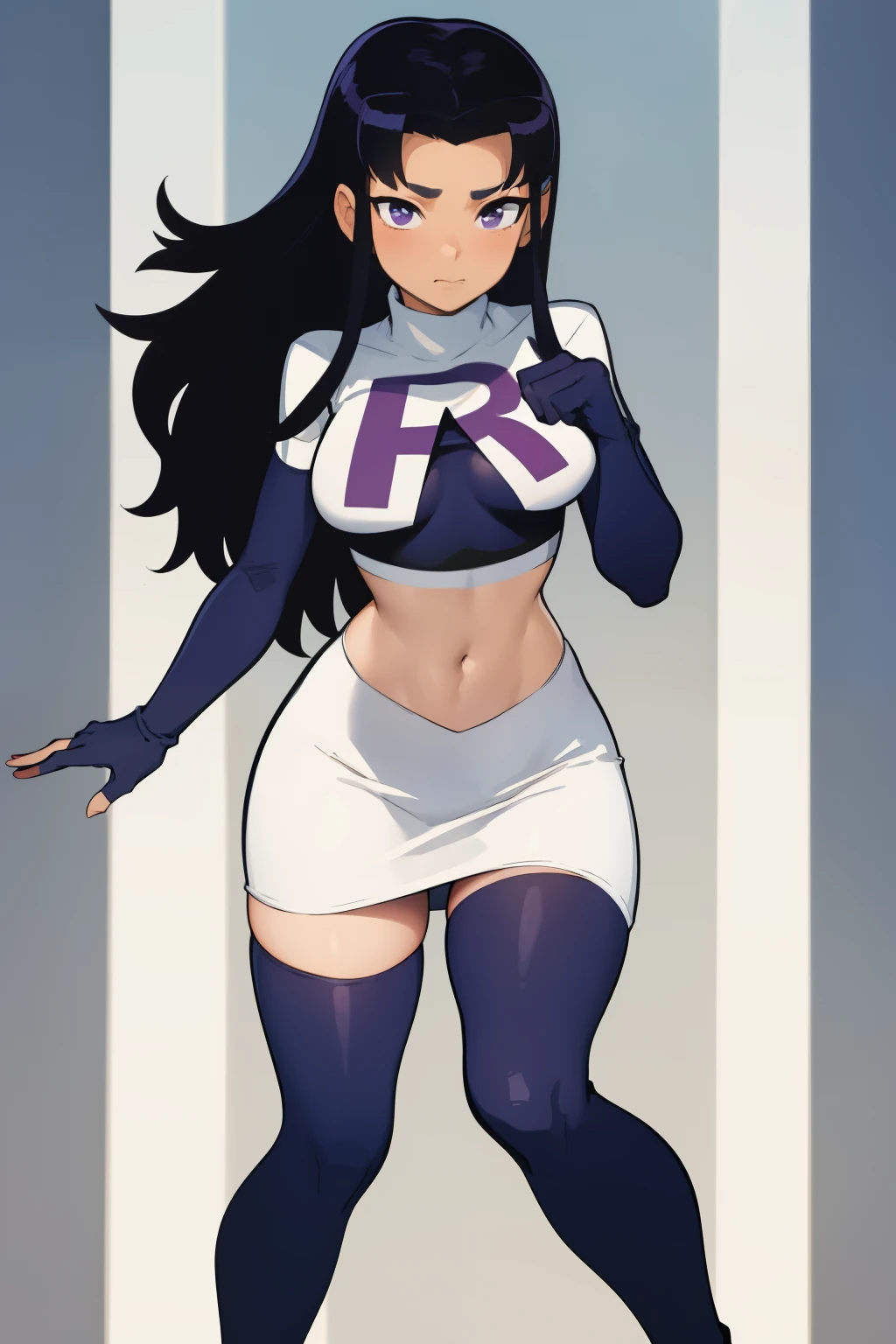 (masterpiece, best quality:1.2), blackfire, 1girl, solo, breasts, dark skin, team rocket,team rocket uniform,white skirt,red letter R,crop top,black thigh-highs,black elbow gloves