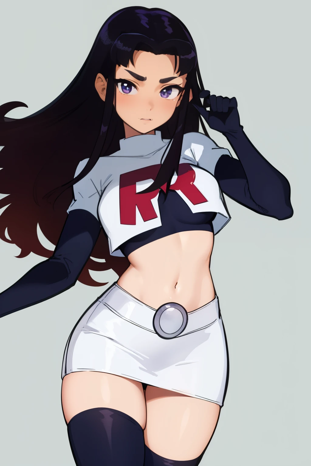 (masterpiece, best quality:1.2), blackfire, 1girl, solo, breasts, dark skin, team rocket,team rocket uniform,white skirt,red letter R,crop top,black thigh-highs,black elbow gloves