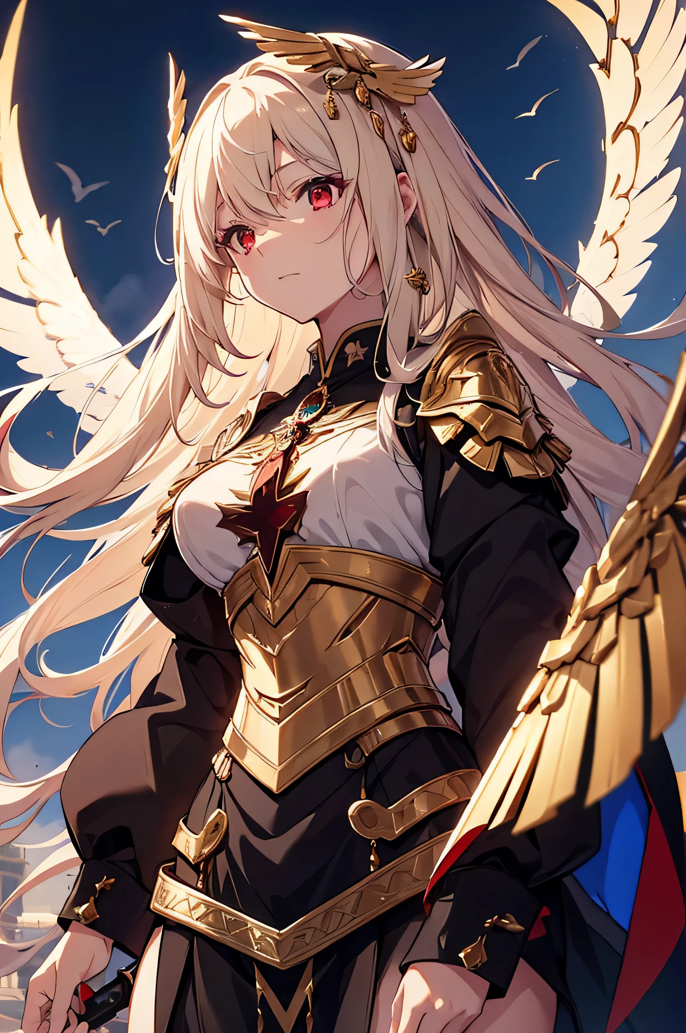 4K,High resolution,one woman,cream hair,short long hair,dark red eyes,Valkyrie,black holy armor,Jewelry Decoration,gold decoration,winged hat,Temple in the Sky,daytime sky