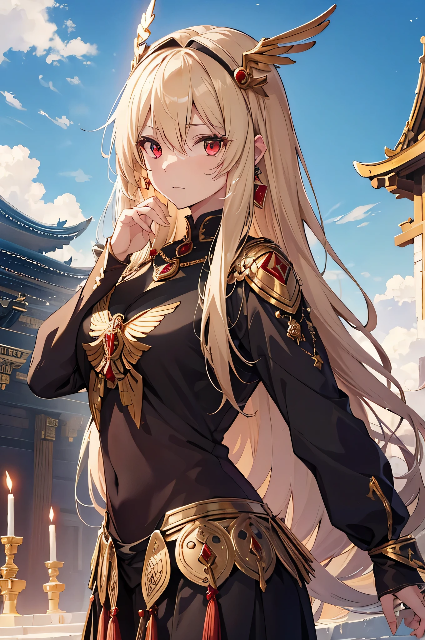 4K,High resolution,one woman,cream hair,short long hair,dark red eyes,Valkyrie,black holy armor,Jewelry Decoration,gold decoration,winged hat,Temple in the Sky,daytime sky