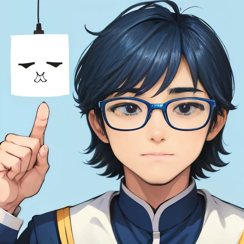 master piece、mascot character、comics、Two colors: blue and white、1 male、40 years old、Face facing diagonally、wore glasses、Hairstyle Two Blocks、Big eyes、Uncle Ike、soft smile、（Inspiration、Point your index finger up、light bulb above head）