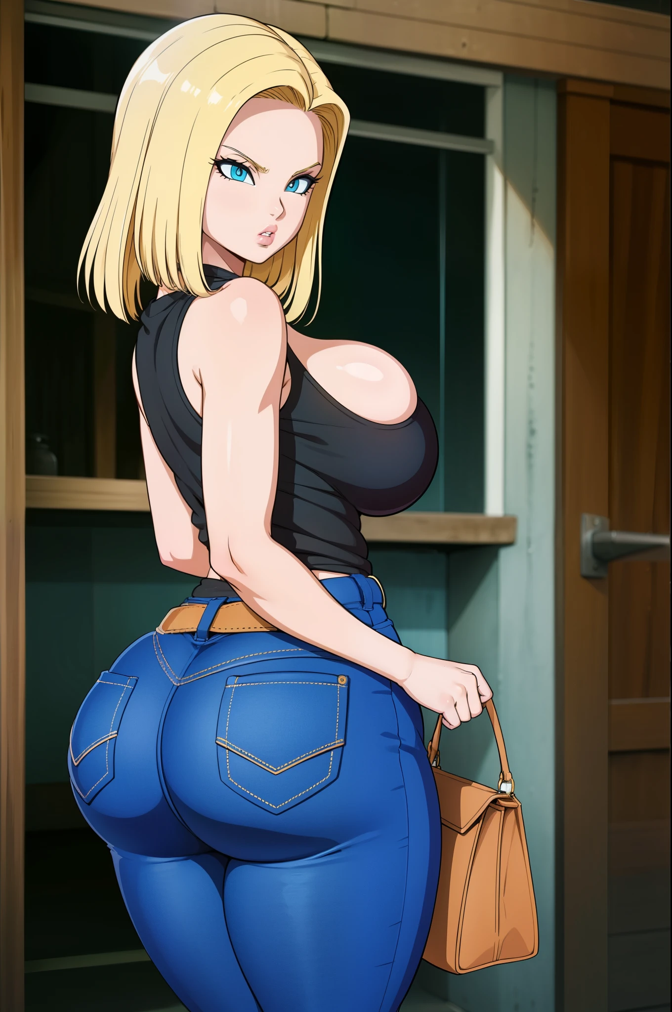 Masterpiece, high resolution, Dragon ball art style, android 18, 1girl, (((bimbo))), puffy lips, painted lips, thick lips, wide hips, thick thighs, big breast, huge ass, revealing cleavage, erotic, sexy face, bubble butt, Brazilian butt lift, camel toe, blue jeans, tight jeans, Black top, revealing cleavage,