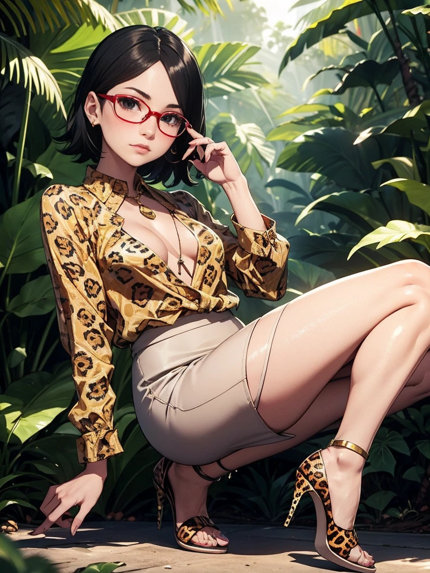 Sarada Uchiha with short hair, black eyes, wearing prescription glasses. She is wearing a high heels, beige Nude pencil skirt, ((Jaguar Print Blouse)) and fine gold jewelry, she is paradin over in the Amazon rainforest. Small, light and shadow