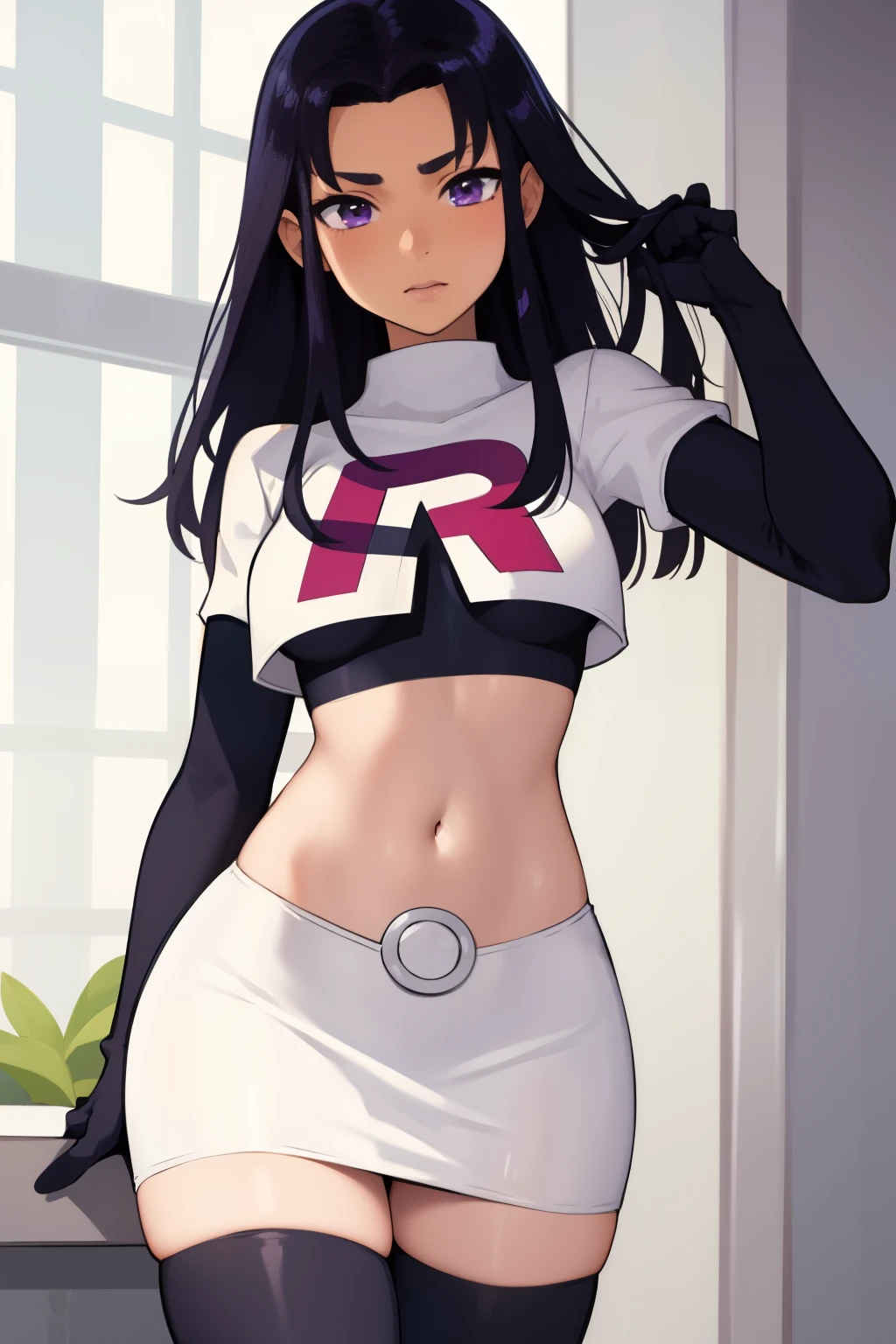 (masterpiece, best quality:1.2), blackfire, 1girl, solo, breasts, dark skin, team rocket,team rocket uniform,white skirt,red letter R,crop top,black thigh-highs,black elbow gloves