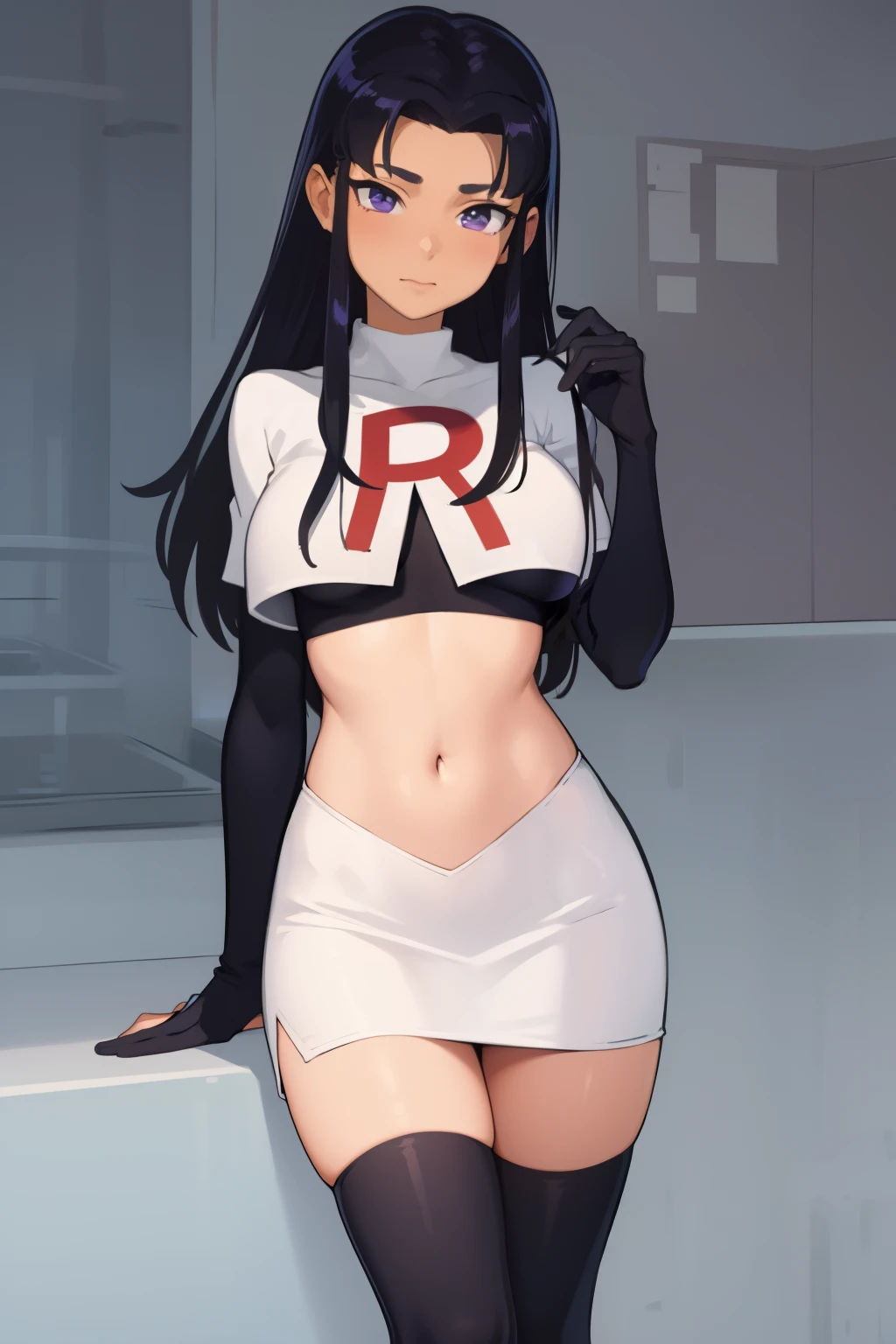 (masterpiece, best quality:1.2), blackfire, 1girl, solo, breasts, dark skin, team rocket,team rocket uniform,white skirt,red letter R,crop top,black thigh-highs,black elbow gloves