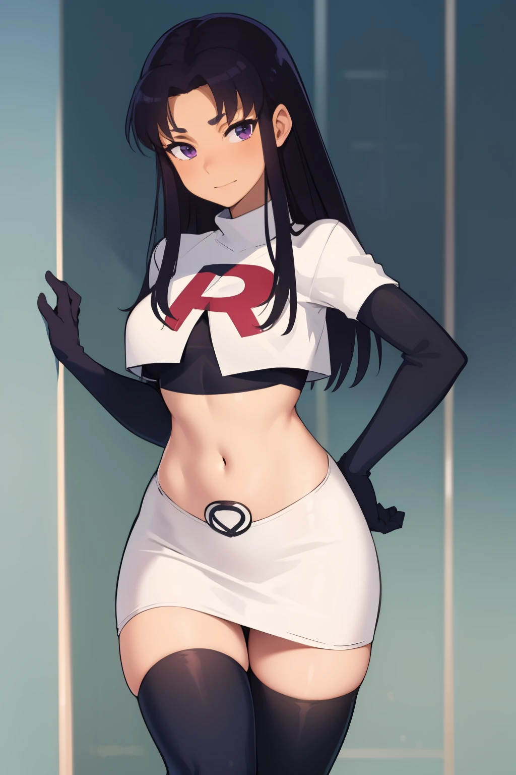 (masterpiece, best quality:1.2), blackfire, 1girl, solo, breasts, dark skin, team rocket,team rocket uniform,white skirt,red letter R,crop top,black thigh-highs,black elbow gloves