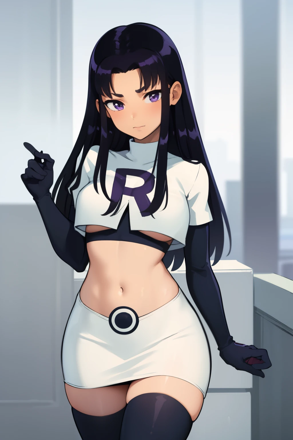 (masterpiece, best quality:1.2), blackfire, 1girl, solo, breasts, dark skin, team rocket,team rocket uniform,white skirt,red letter R,crop top,black thigh-highs,black elbow gloves