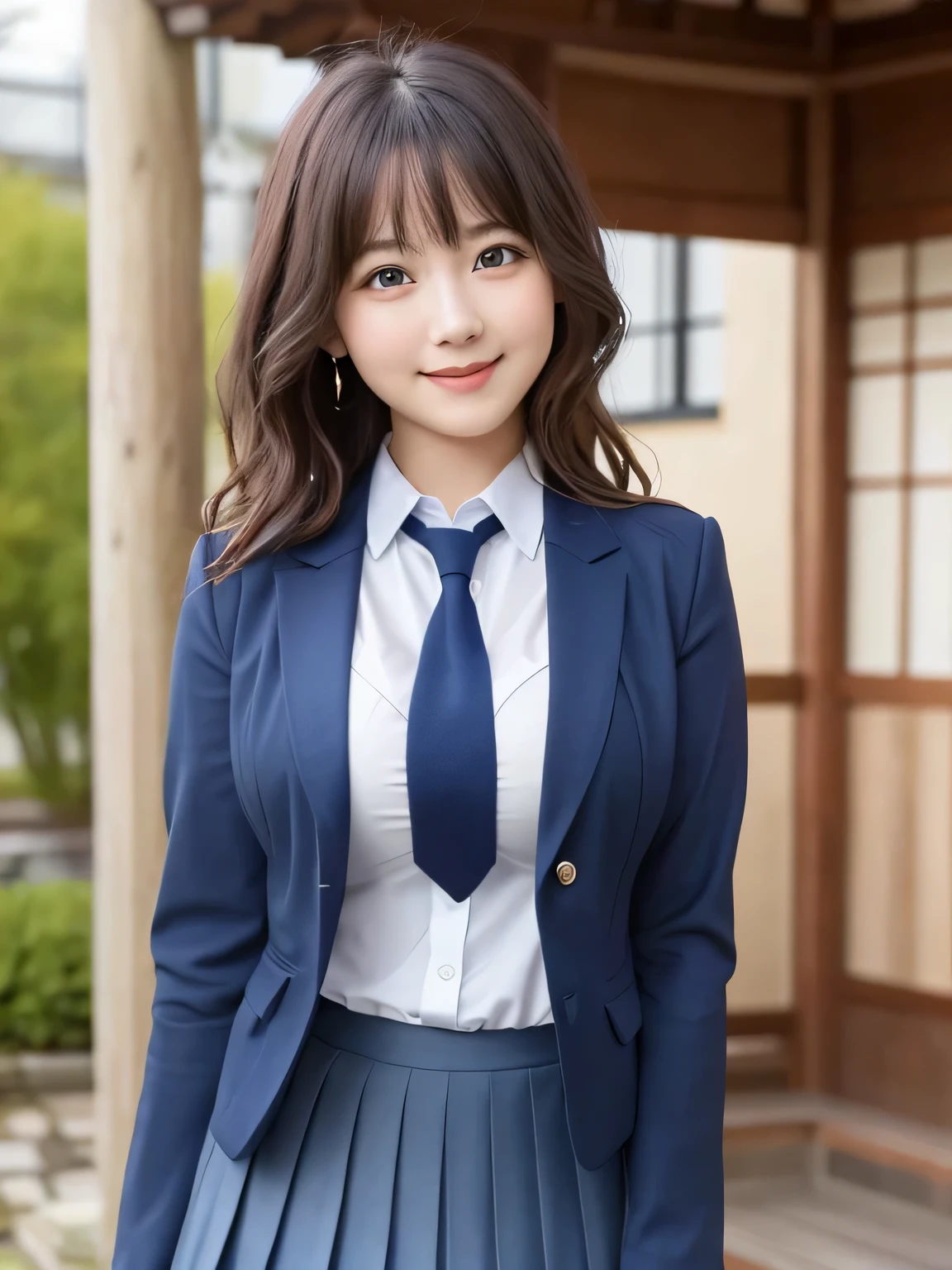 8K, highest quality, real image, intricate details, Super detailed, ultra high resolution, depth field,(realistic,realistic:1.2), (black eye), From the middle, 1 Girl Japan, very beautiful 17 year old girl, Big eyes, beautiful breasts:1.5、highly detailed eyes:1.2), (beautiful breasts:1.1), (small breasts:1.2), wavy hair、curly hair、bangs, perfect skin, Fair skin, huge hips, thick thighs, thick legs, cleavage, tight waist, light blush, alone, looking at the viewer, (smile:1.4), (School_uniform), (dark blue blazer), (white shirt、Wearing a tie), (gray pleated skirt), (sculpture installation :1.1)