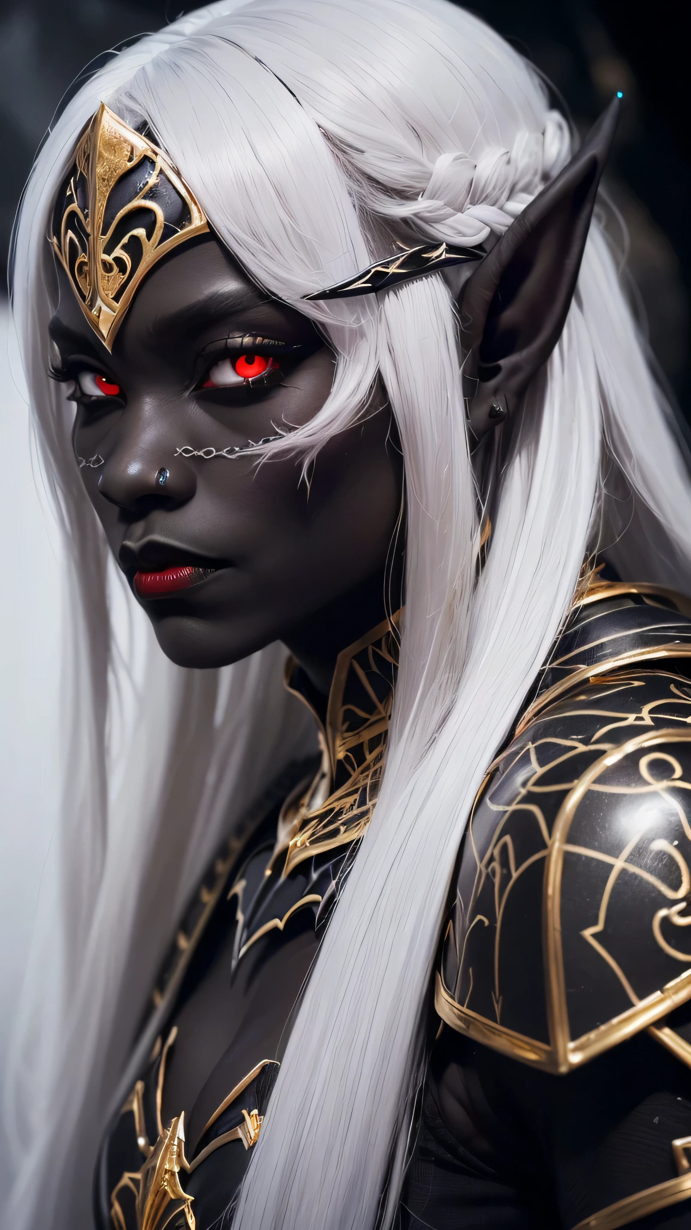 ((best quality: 1.5)) ((masterpiece: 0.8)), intricate details, sharp focus, professional, real life, realistic representation of the face, dim lighting, flickering shadow, side view: 1.5, dynamic pose, in the style of realistic and hyper detailed renderings BREAK ((((detailed 30year ((graphite skin drow elf , blackout gothic eye makeup, cavern, lacquered black knight armor, gold filigree breastplate, red lips, weak chin, exotic, muscular, (glowing white eyes))))), long white hair), freckles: 1.3), photorealistic, hyper-realistic, 8K