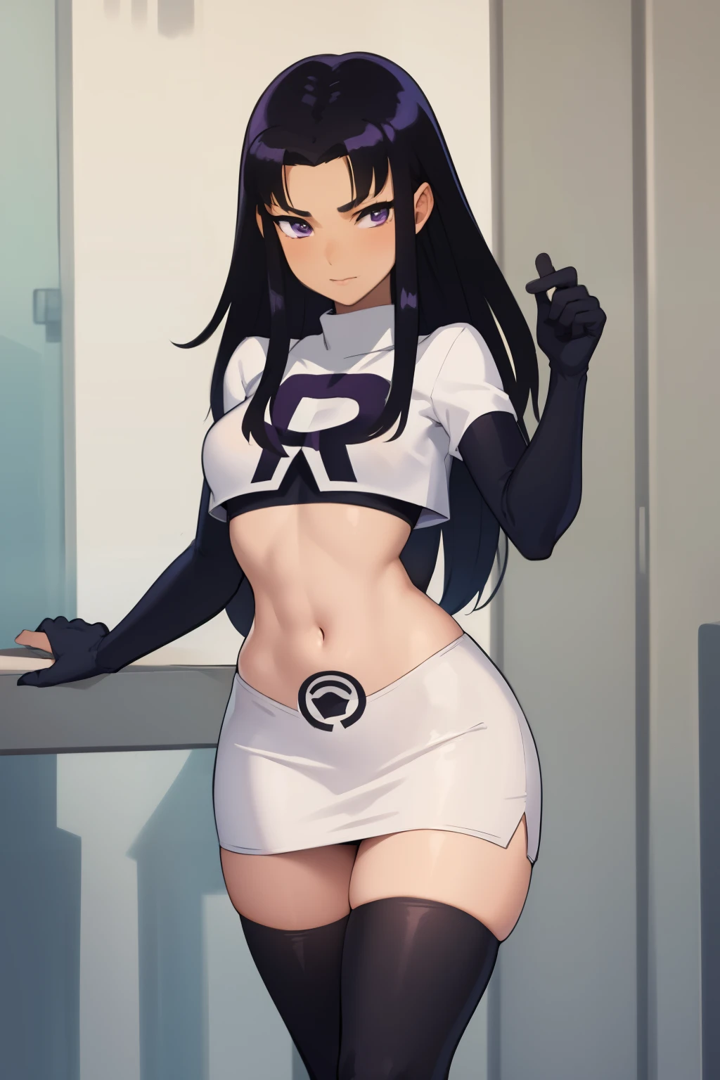 (masterpiece, best quality:1.2), blackfire, 1girl, solo, breasts, dark skin, team rocket,team rocket uniform,white skirt,red letter R,crop top,black thigh-highs,black elbow gloves