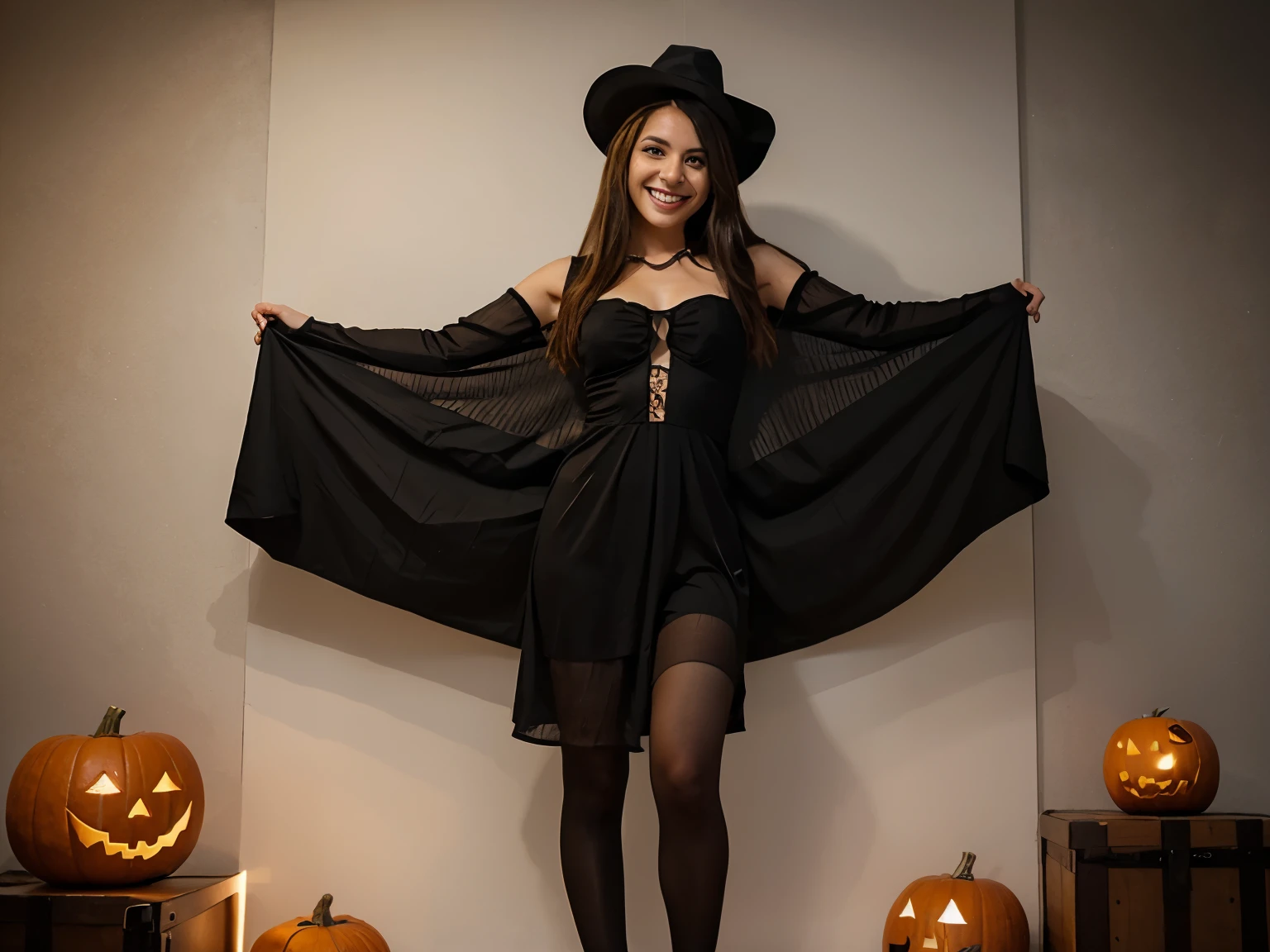 young woman 20 old, full body, clear face, cachos exuberantes brancos dourados, sorriso largo, expressivo, wearing halloween costume