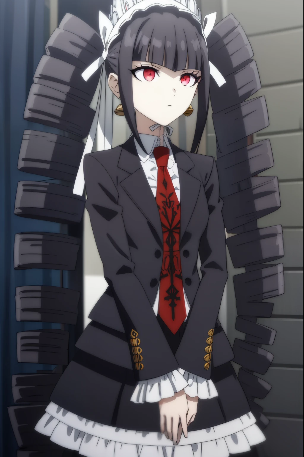 celestialudenberg, celestia ludenberg, long hair, bangs, black hair, (red eyes:1.3), long sleeves, twintails, drill hair, twin drills,
BREAK skirt, shirt, black hair, long sleeves, jewelry, jacket, earrings, frills, necktie, black skirt, black jacket, red necktie, bonnet, print necktie,
BREAK outdoors, classroom,
BREAK looking at viewer, (cowboy shot:1.5),
BREAK (masterpiece:1.2), best quality, high resolution, unity 8k wallpaper, (illustration:0.8), (beautiful detailed eyes:1.6), extremely detailed face, perfect lighting, extremely detailed CG, (perfect hands, perfect anatomy),