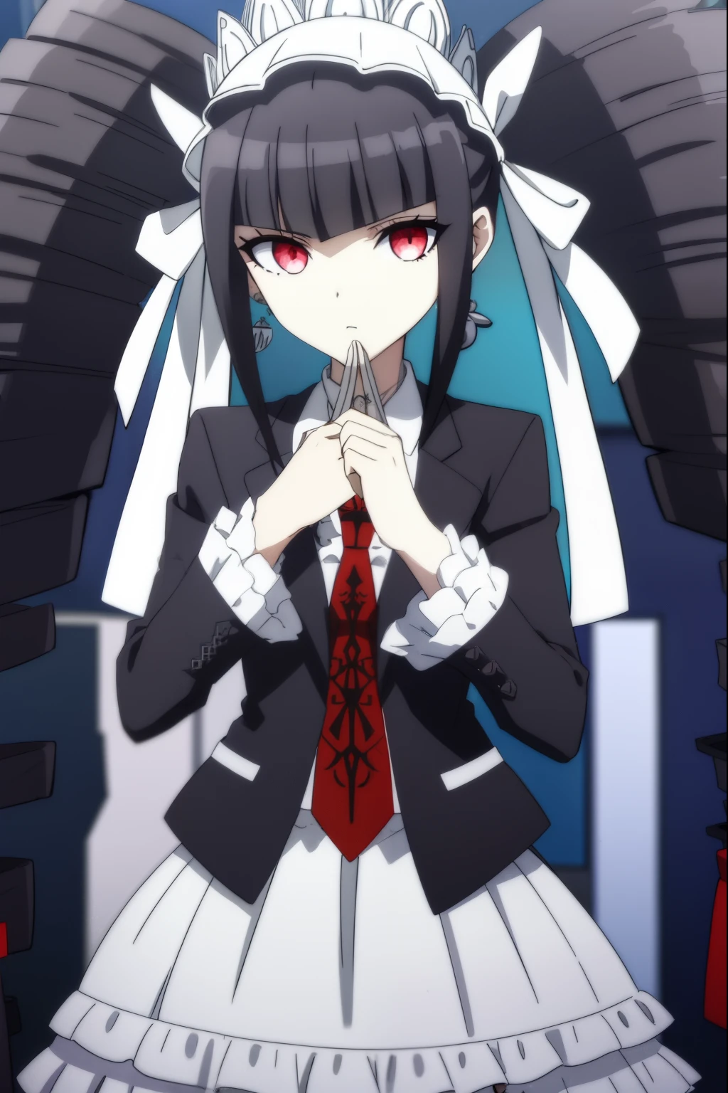 celestialudenberg, celestia ludenberg, long hair, bangs, black hair, (red eyes:1.3), long sleeves, twintails, drill hair, twin drills,
BREAK skirt, shirt, black hair, long sleeves, jewelry, jacket, earrings, frills, necktie, black skirt, black jacket, red necktie, bonnet, print necktie,
BREAK outdoors, classroom,
BREAK looking at viewer, (cowboy shot:1.5),
BREAK (masterpiece:1.2), best quality, high resolution, unity 8k wallpaper, (illustration:0.8), (beautiful detailed eyes:1.6), extremely detailed face, perfect lighting, extremely detailed CG, (perfect hands, perfect anatomy),