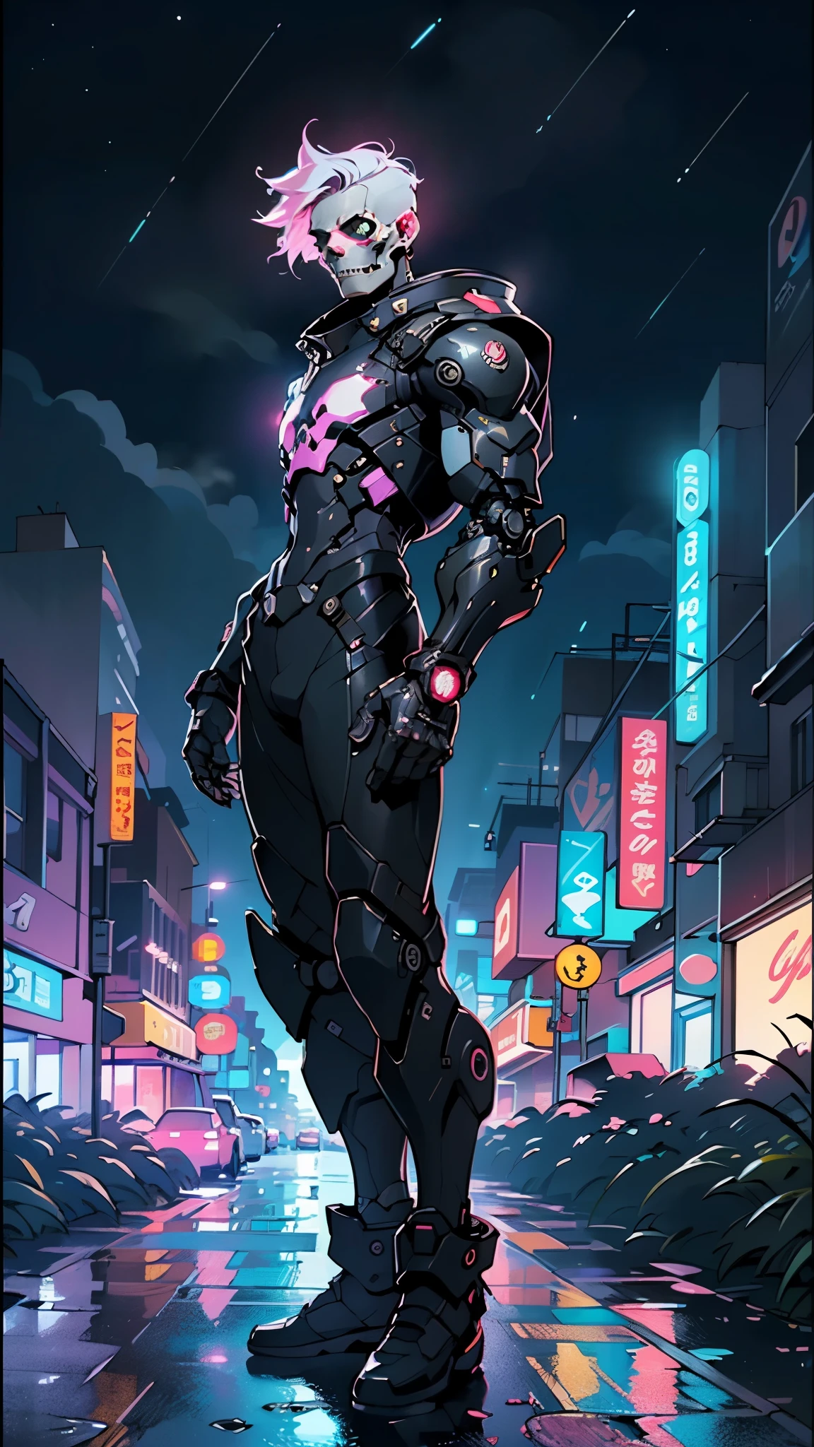 Robot Skull, armored, stealth, Character design, Highly detailed, Intricate details,Mechanical wonder, Cyberpunk, Cybernetic Guardian,male form,skull head,

(dynamic pose:1.0),solo focus,(centered,scale to fit dimensions,Rule of thirds),

cyberpunk city by the ocean at night, with bright neon signs and dark stormy clouds and puddles, scenery:1.25,nighttime, starry night, cosmos,Very dark night that makes the neon lights stand out, very bright neon lights,nighttime, starry night, cosmos,

highres, sharp focus, (ultra detailed, extremely detailed), (photorealistic artwork:1.37),(extremely detailed CG unity 8k wallpaper),((synthwave background theme)),(((vibrant colors))),(intricate background),(masterpiece),(best quality),
