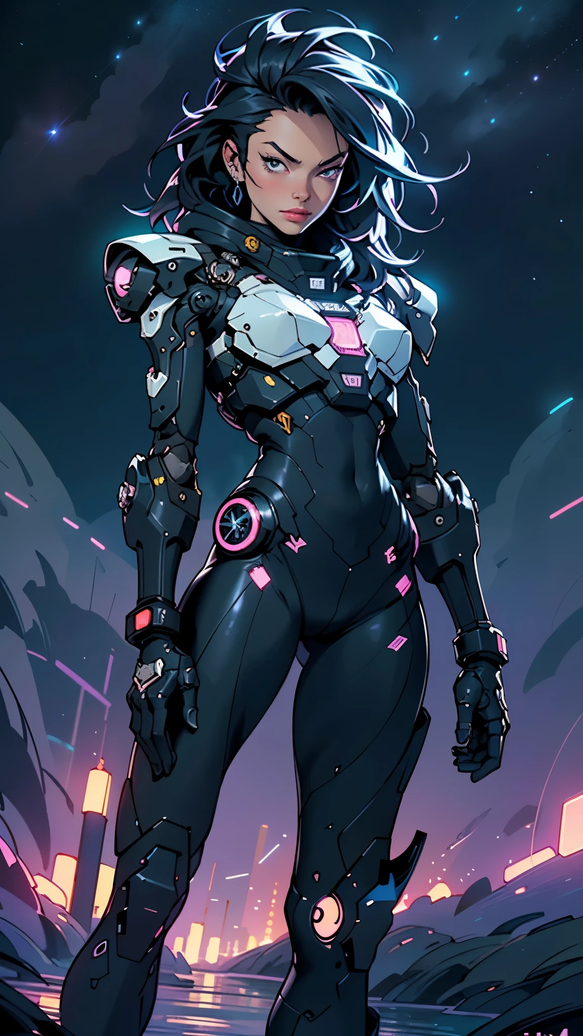Robot Skull, armored, stealth, Character design, Highly detailed, Intricate details,Mechanical wonder, Cyberpunk, Cybernetic Guardian,male form,skull head,
(dynamic pose:1.0),solo focus,(centered,scale to fit dimensions,Rule of thirds),
cyberpunk city by the ocean at night, with bright neon signs and dark stormy clouds and puddles, scenery:1.25,nighttime, starry night, cosmos,Very dark night that makes the neon lights stand out, very bright neon lights,nighttime, starry night, cosmos,
highres, sharp focus, (ultra detailed, extremely detailed), (photorealistic artwork:1.37),(extremely detailed CG unity 8k wallpaper),((synthwave background theme)),(((vibrant colors))),(intricate background),(masterpiece),(best quality),