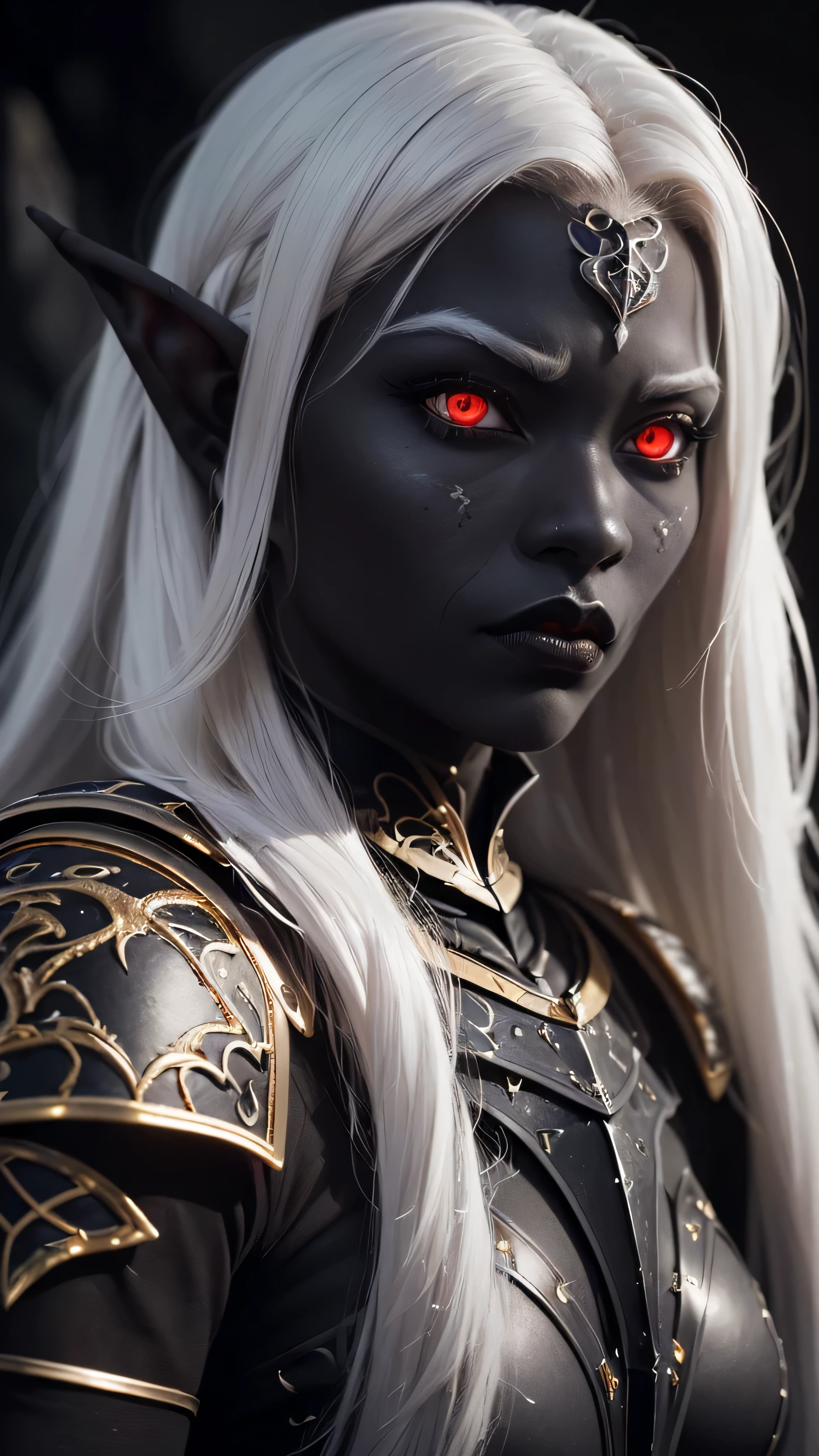 ((best quality: 1.5)) ((masterpiece: 0.8)), intricate details, sharp focus, professional, real life, realistic representation of the face, dim lighting, flickering shadow, side view: 1.5, dynamic pose, in the style of realistic and hyper detailed renderings BREAK ((((detailed 30year ((graphite skin drow elf , blackout gothic eye makeup, cavern, lacquered black knight armor, gold filigree breastplate, red lips, weak chin, exotic, muscular, (glowing white eyes))))), long white hair), freckles: 1.3), photorealistic, hyper-realistic, 8K